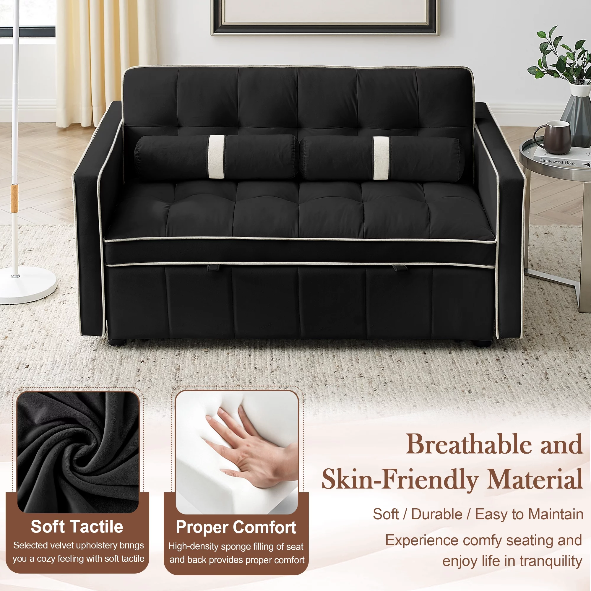 KINFFICT Futon Sofa Bed, Convertible Sleeper Sofa Bed with Pull Out Couch, Modern Velvet Loveseat Sleeper, Small Couch for Living Room, Black