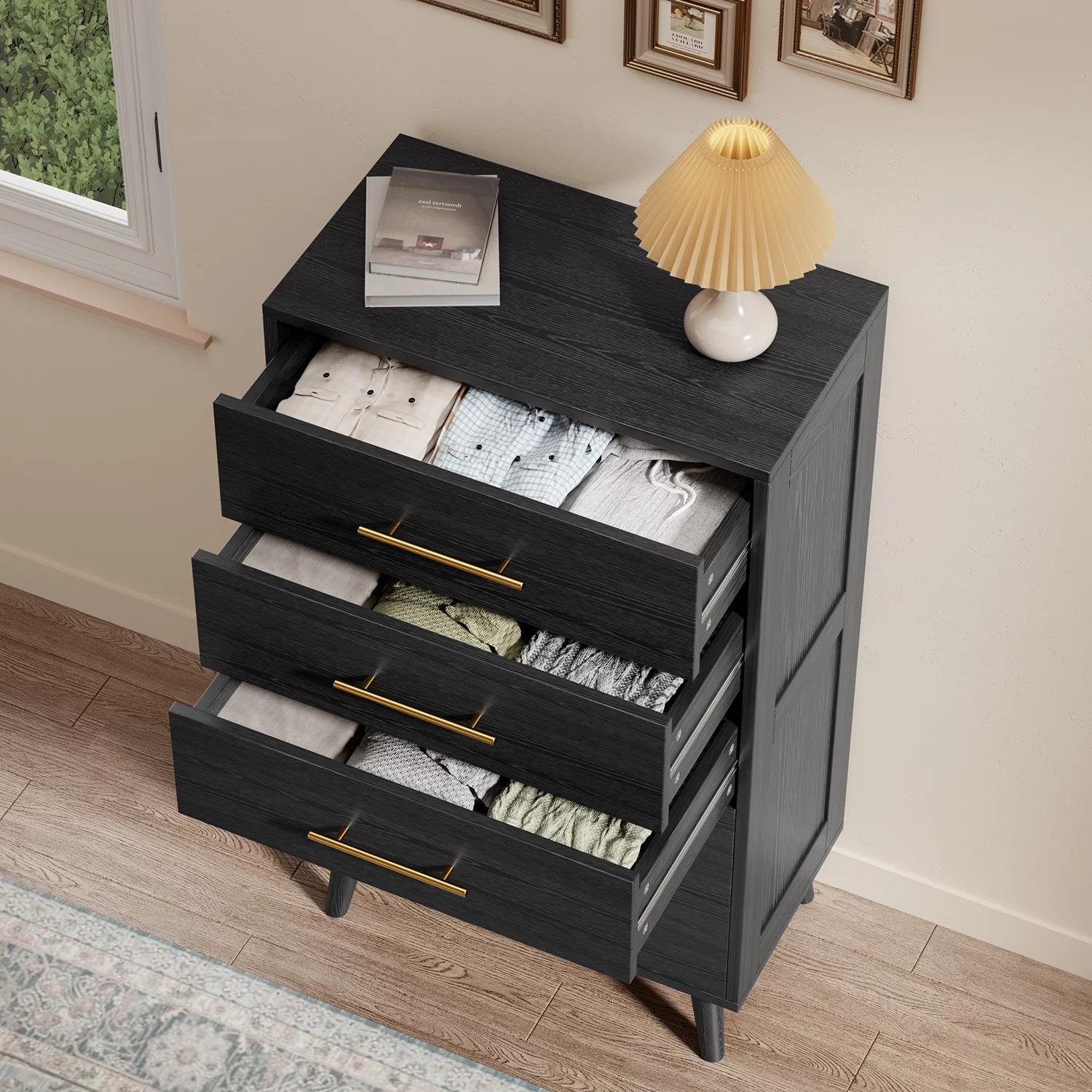 Lofka 5 Drawer Dresser, Tall Wood Dresser,Black