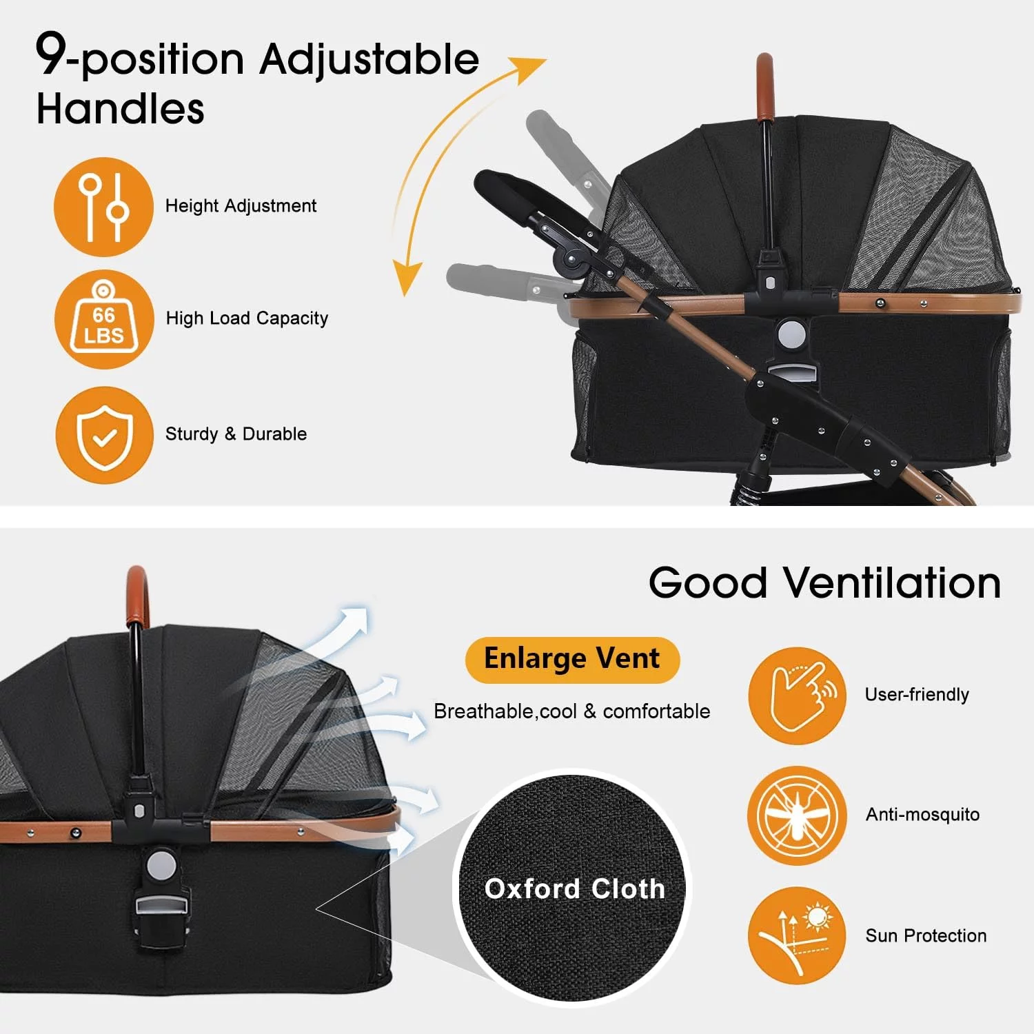 Dkelincs 4 Wheels Dog Stroller folding Premium 3-in-1 Multifunction Pet Stroller with Detachable Carrier, Black