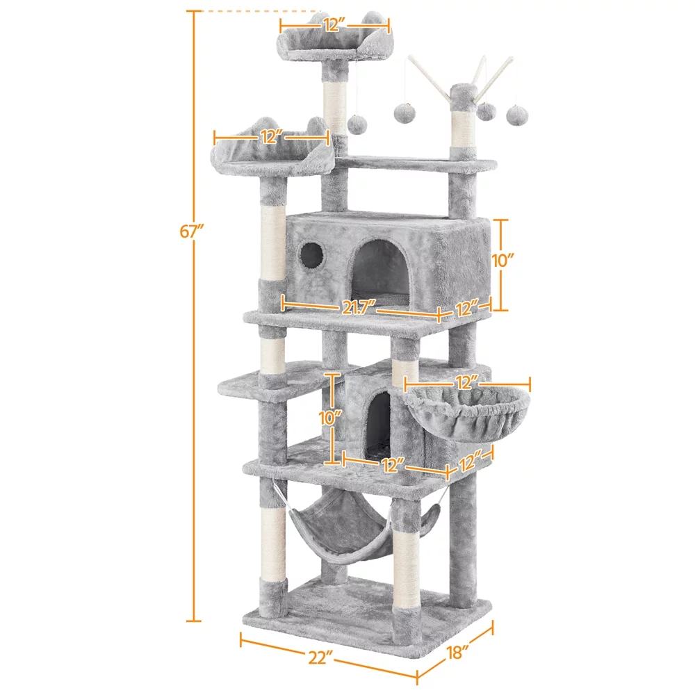 Yaheetech 67'' H Multi-Level Cat Tree Cat Tower with Condos, Light Gray