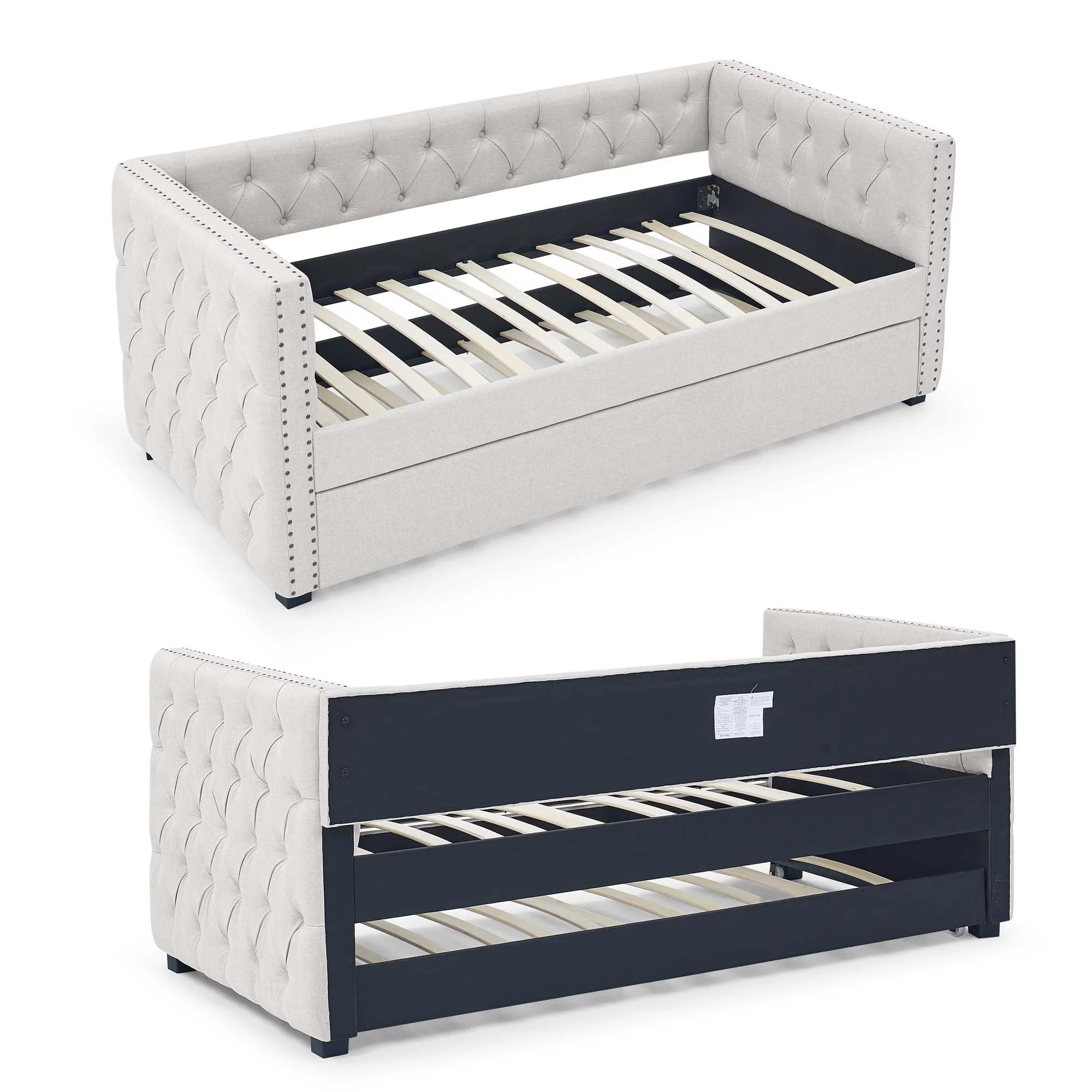 Aukfa Upholstered Daybed with Trundle, Twin Daybed, Button Tufted, Nailhead Trim - Beige