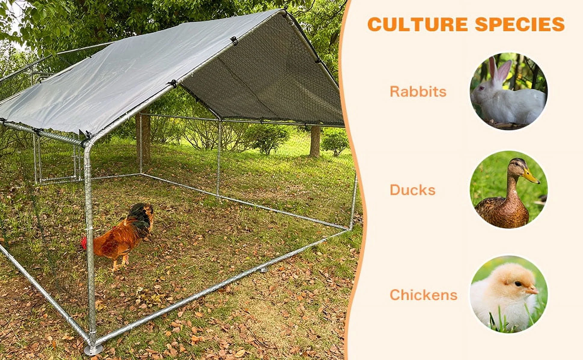 Geeloon Extra Large Chicken Coop Run Pen Cage Hen House W/ Cover 10x7ft, Metal, Walk in