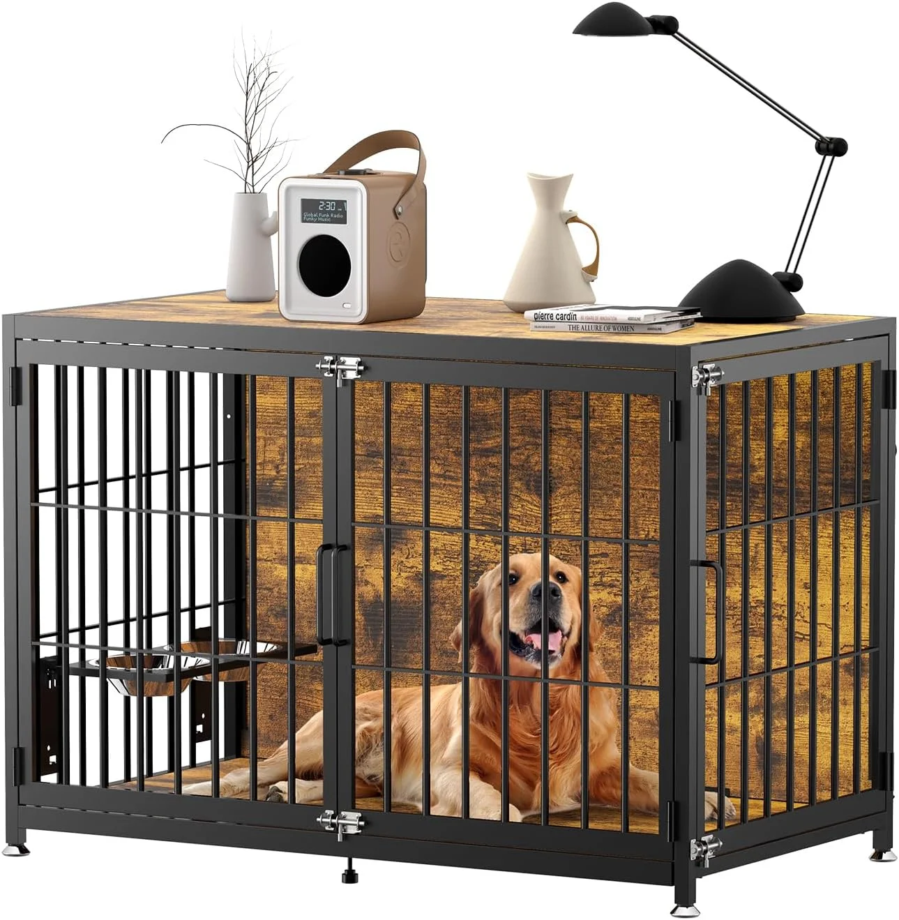 FUNZEAL 48 Inch Dog Crate Furniture with Bowls, No Screws Easy to Assemble Wooden Heavy Duty Dog Kennel with Double Doors, Decorative Pet House Dog Cage Side End Table Indoor Chew-Resistant