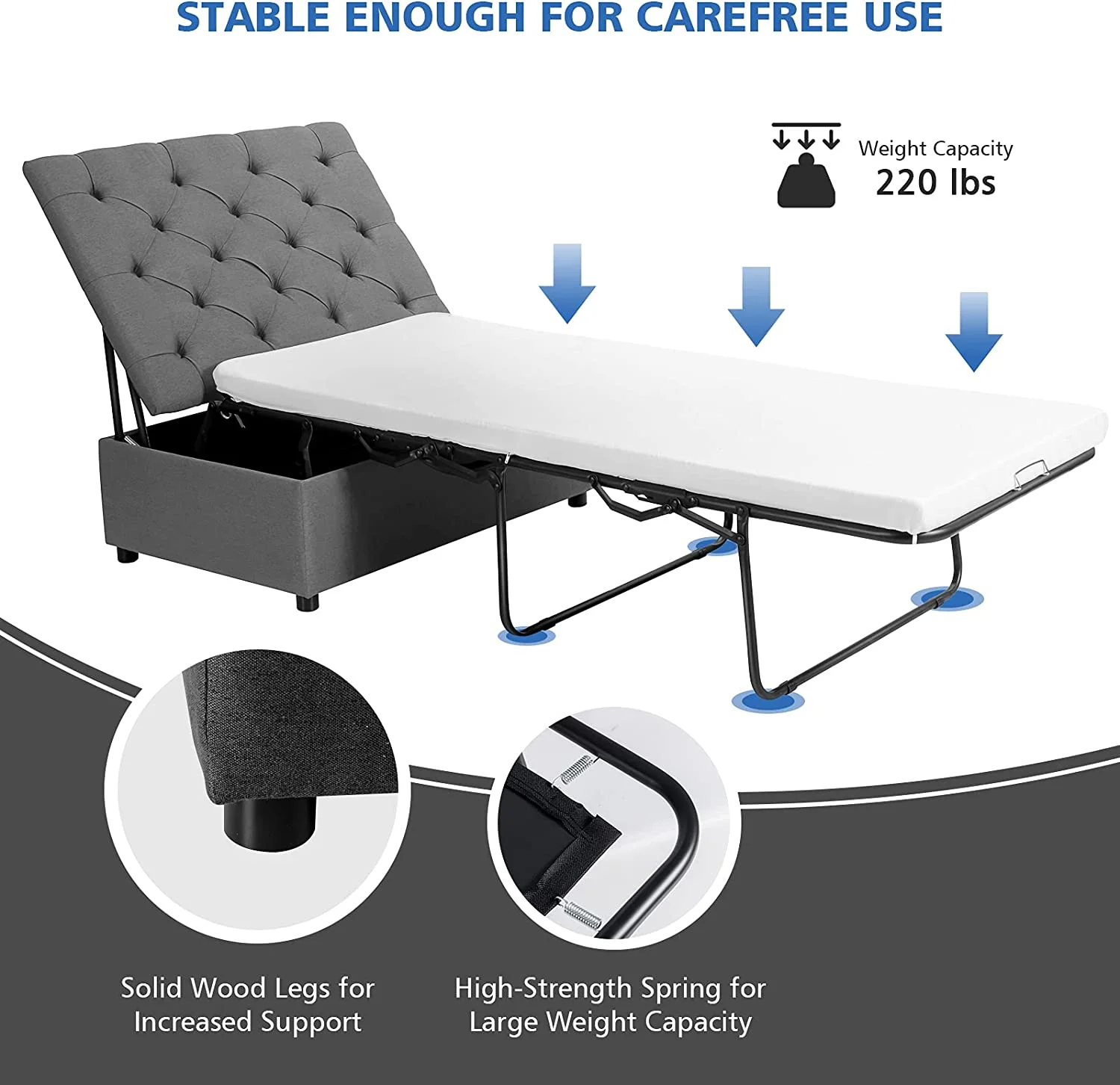 Ottoman Folding Bed, Fold Out Sleeper Bed with Mattress, Convertible Chair into Sofa Bed, Couch Sleeper w/Steel Frame, Dual Use Guest Bed Lounge Bed, Living Room Bedroom Office (Grey)