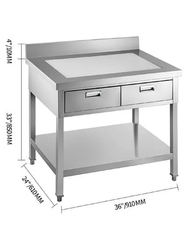 VEVOR Commercial Worktable Workstation 24 x 36 inch Commercial Food Prep Worktable with 2 Drawers, Undershelf and Backsplash, 992 lbs Load Stainless Steel Kitchen Island for Restaurant, Home and Hotel