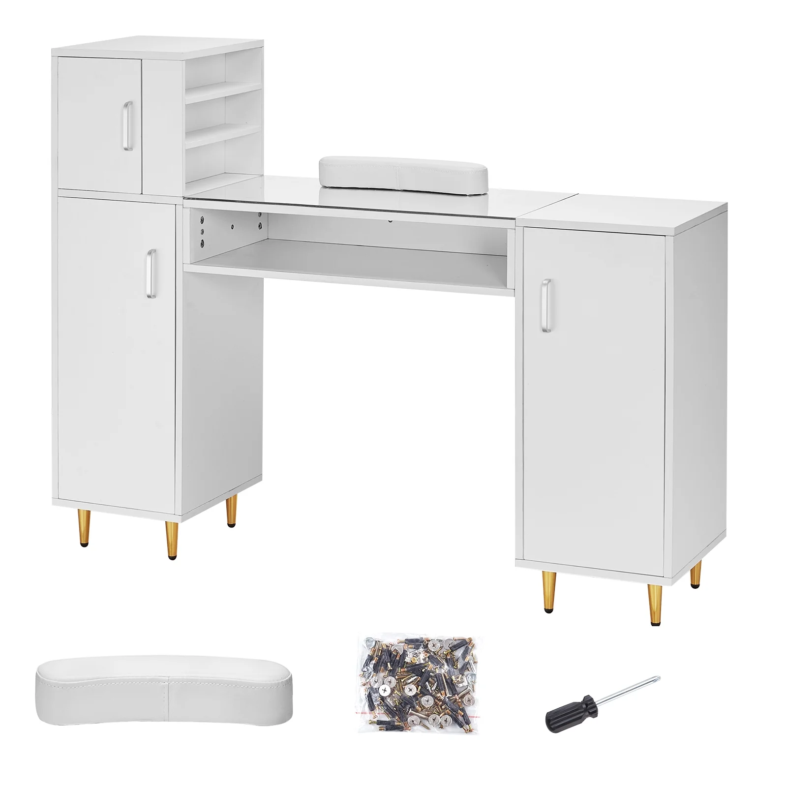 SKYSHALO Manicure Table Nail Desk for Nail Tech w/Glass Top & Wrist Rest, Beauty Salon Nail Supplies Decor Workstation Acetone Resistant w/3 Side Cabinet, 8 Metal Legs for Spa Beauty Salon