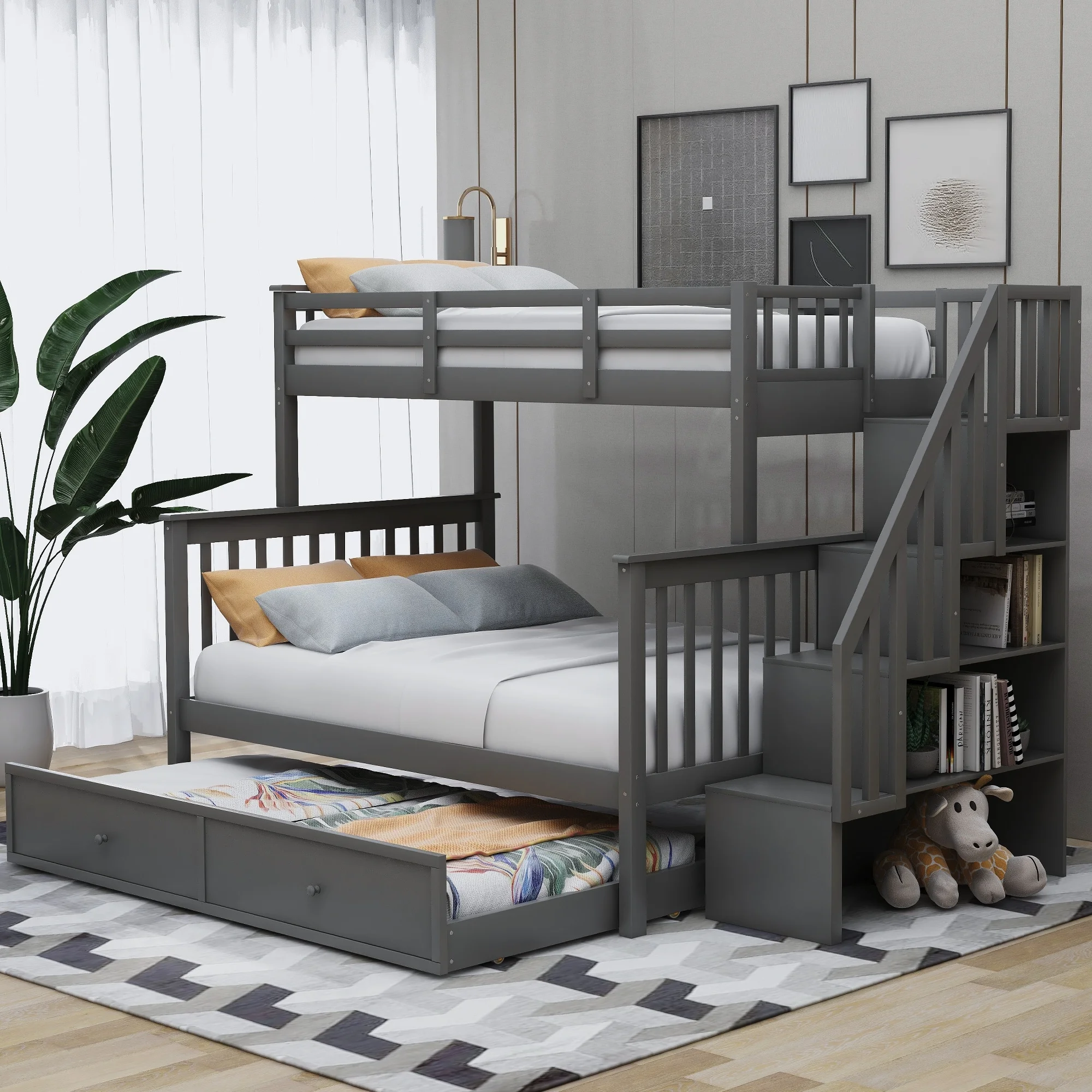 Nestfair Stairway Twin Over Full Bunk Bed with Twin size Trundle Grey
