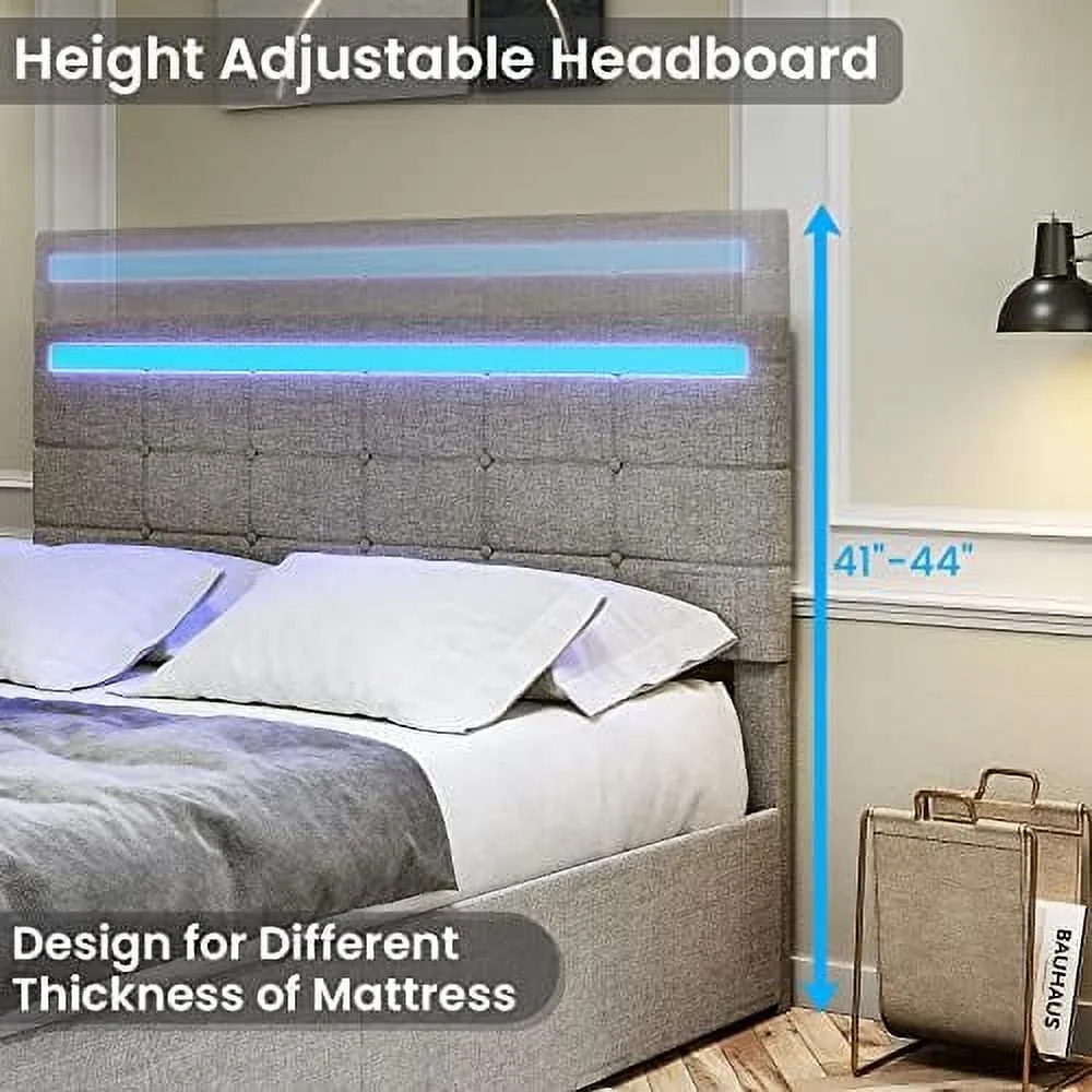 GEROBOOM Full Size Bed Frame with  Drawers  LED Lights Headboard Footboard  Upholstered Leather Platform LED Bed Frame with 2 USB Potrs  No Box Spring Needed  Black