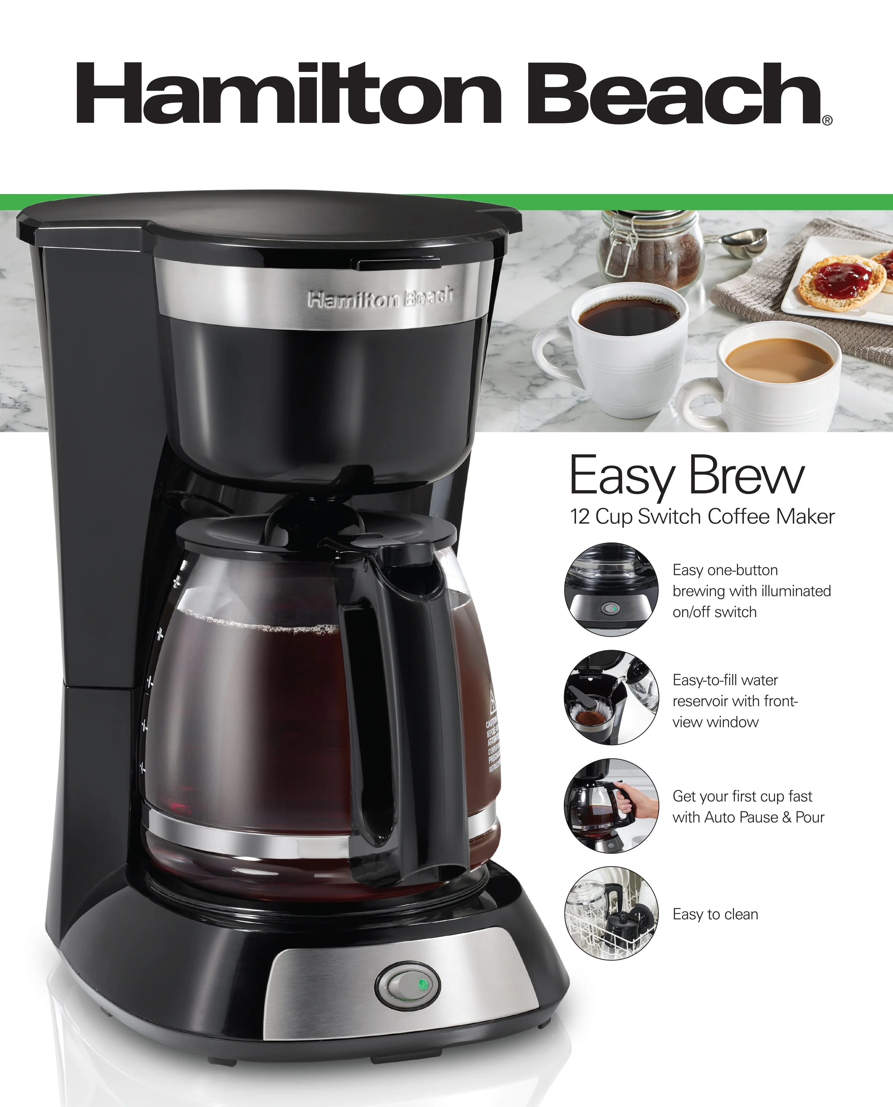 Hamilton Beach Easy Brew 12 Cup Switch Coffee Maker, Stainless Steel Accents