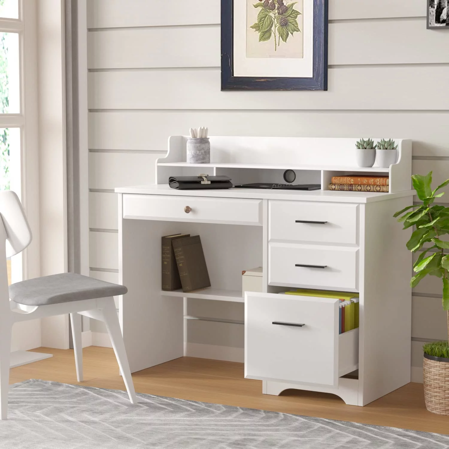 Computer Desk with Drawers, White Home Office Desk with Hutch, PC Desk Writing Table with Storage for Small Spaces, White