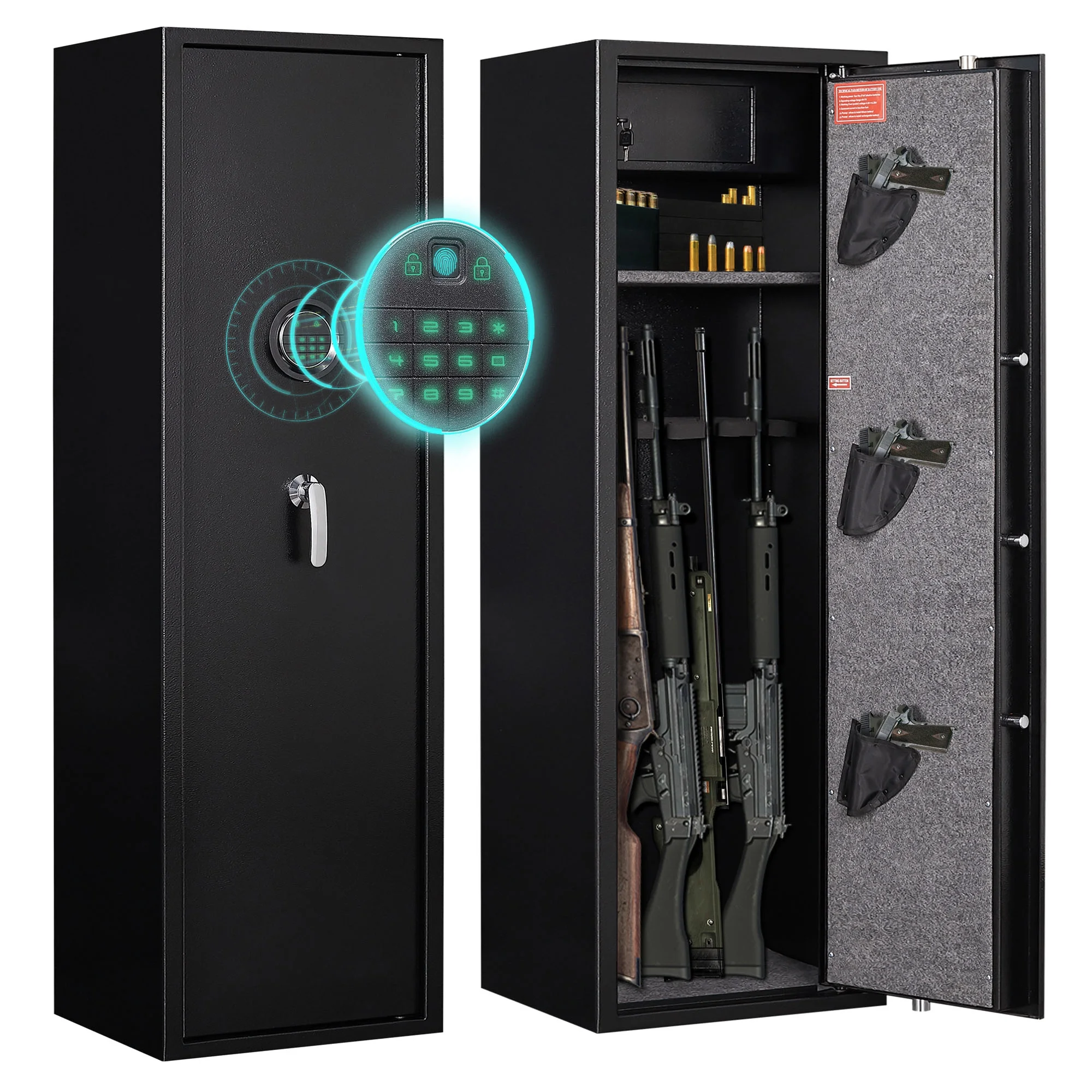 Foorsun Biometric Fingerprint Long Gun Safe, 4~5 Gun Cabinets for Rifles and Shotguns, Long Gun Cabinet for Home with Adjustable Support Frame, Ammo Storage Box and Pistol Bag