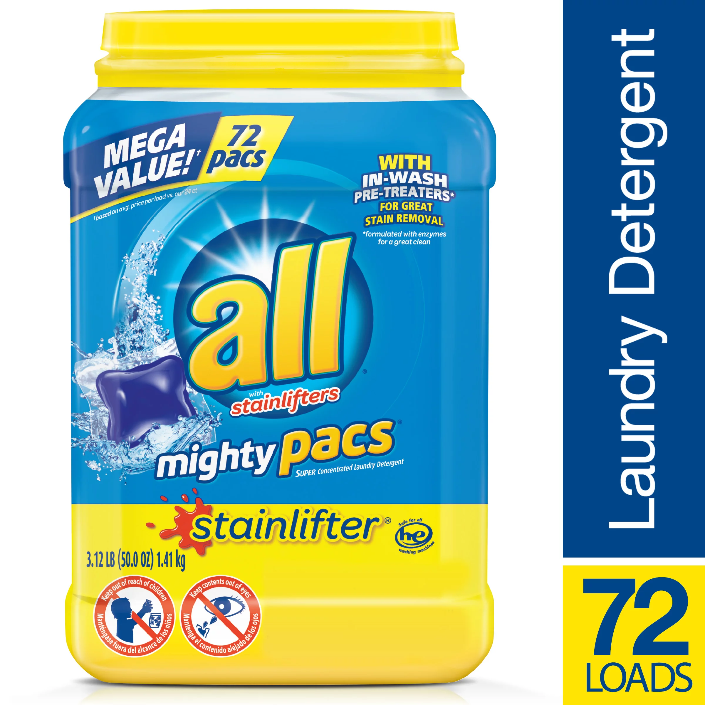all Mighty Pacs Laundry Detergent, Stainlifter, Tub, 72 Count