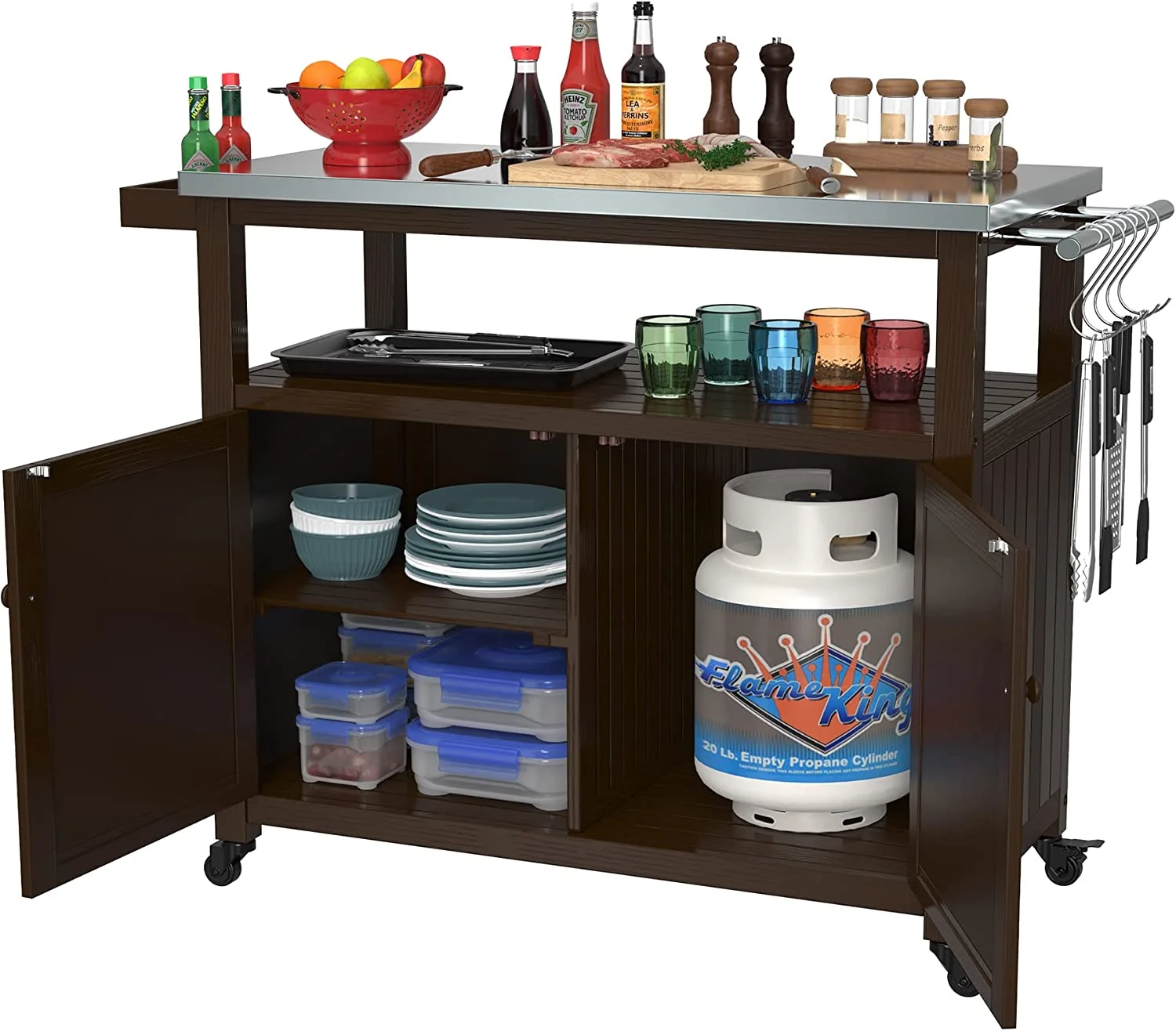 Outdoor Storage Cabinet Solid Wood Prep Grill Table with Stainless Steel Top Waterproof Cover Dark Brown