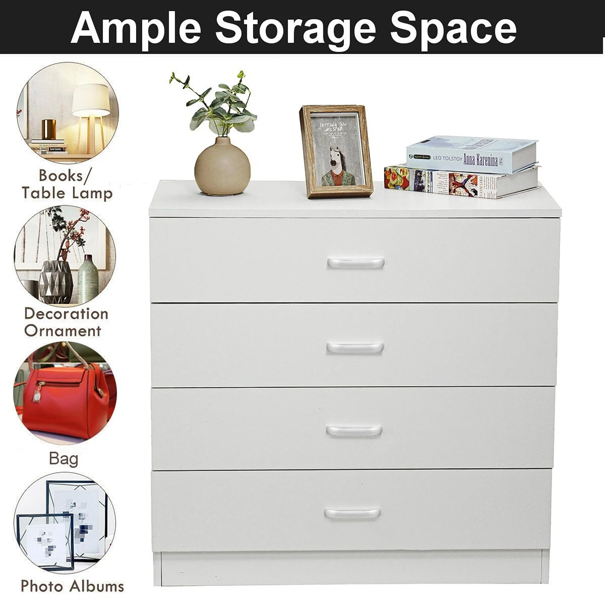 Glavbiku Modern Wood 4 Drawer Nightstand Dresser,Storage Cabinet for Bedroom,White,Adult,28.7