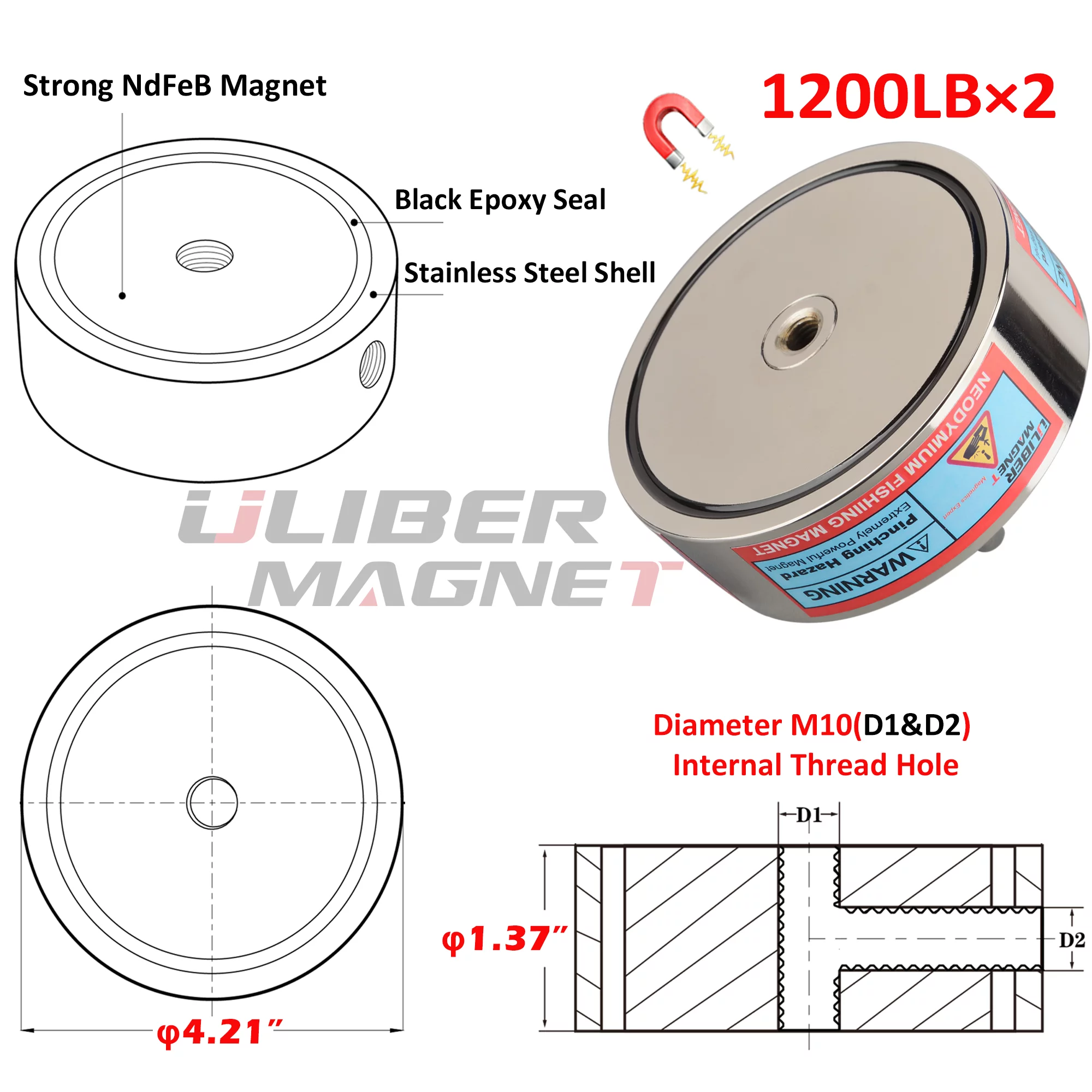 ULIBERMAGNET 2400LBS Fishing Magnet Kit,Double Sided Magnetic Fishing Kit with High Strength Rope,Heavy Duty Fishing Magnet for Retrieving in River, Lake, Beach, Lawn