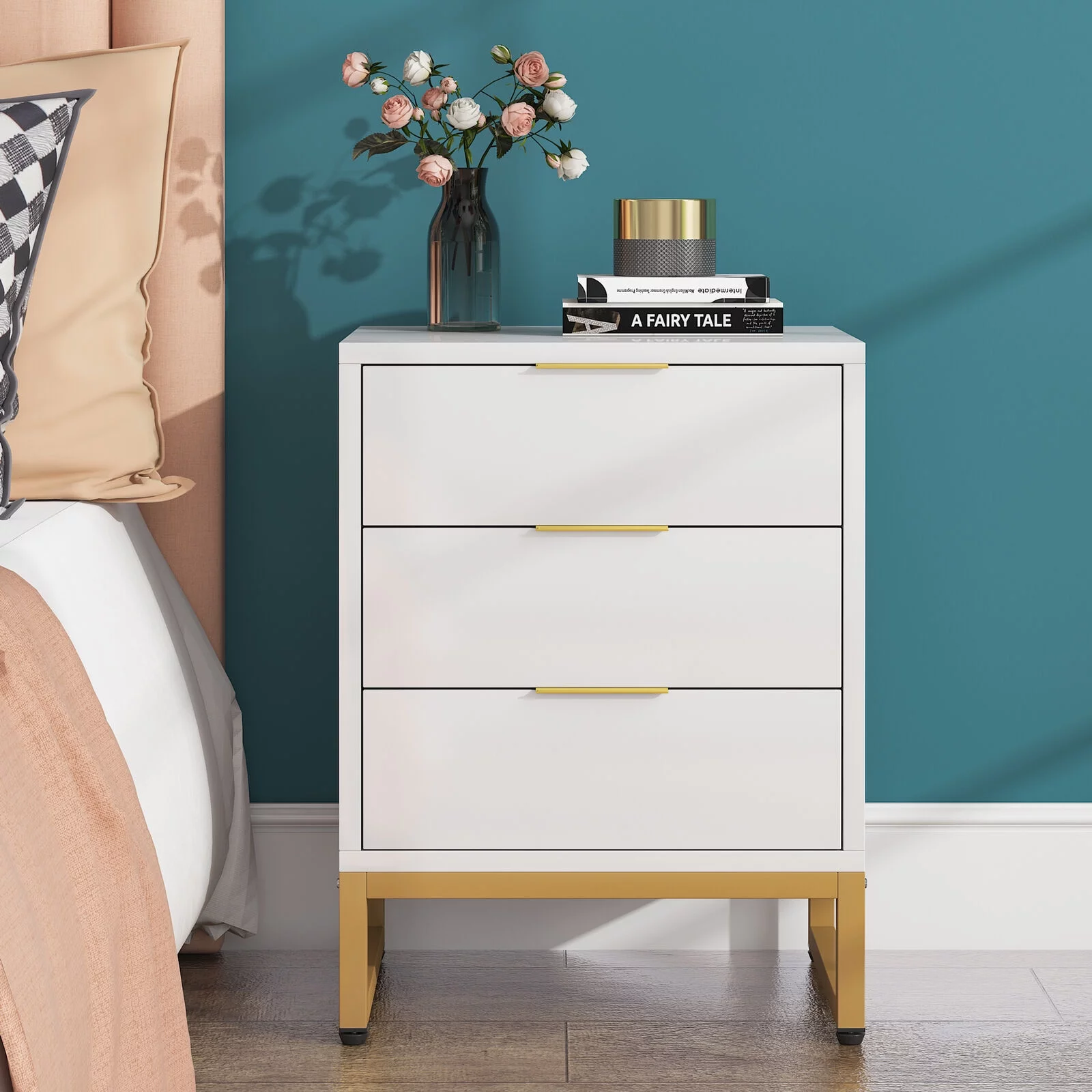 Tribesigns 3 Drawers Nightstand, Living Room White & Gold Side End Table, Bedside Table with Metal Frame