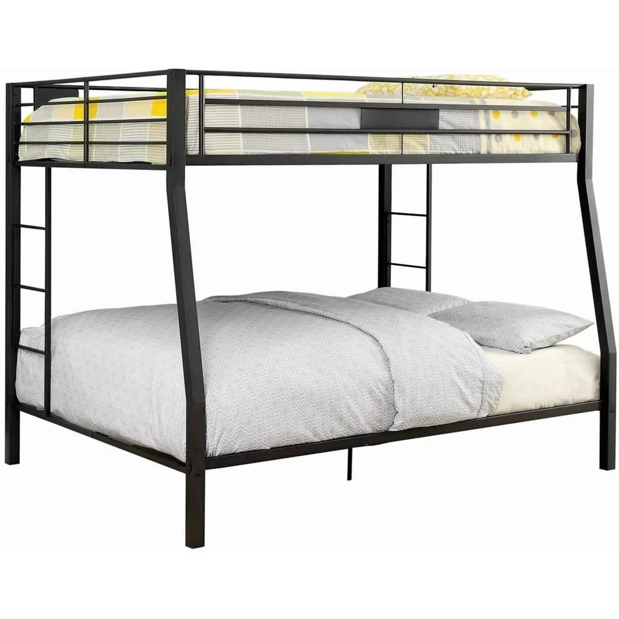 Horizontal Slatted Metal Full Over Queen Bunk Bed with 2 Ladders, Black- Saltoro Sherpi