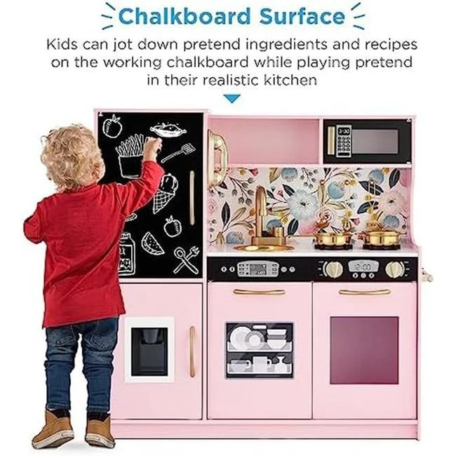 UNO1RC  Choice Products Pretend Play Kitchen Wooden Toy Set with Realistic Design for Kids - Sink Pink Floral