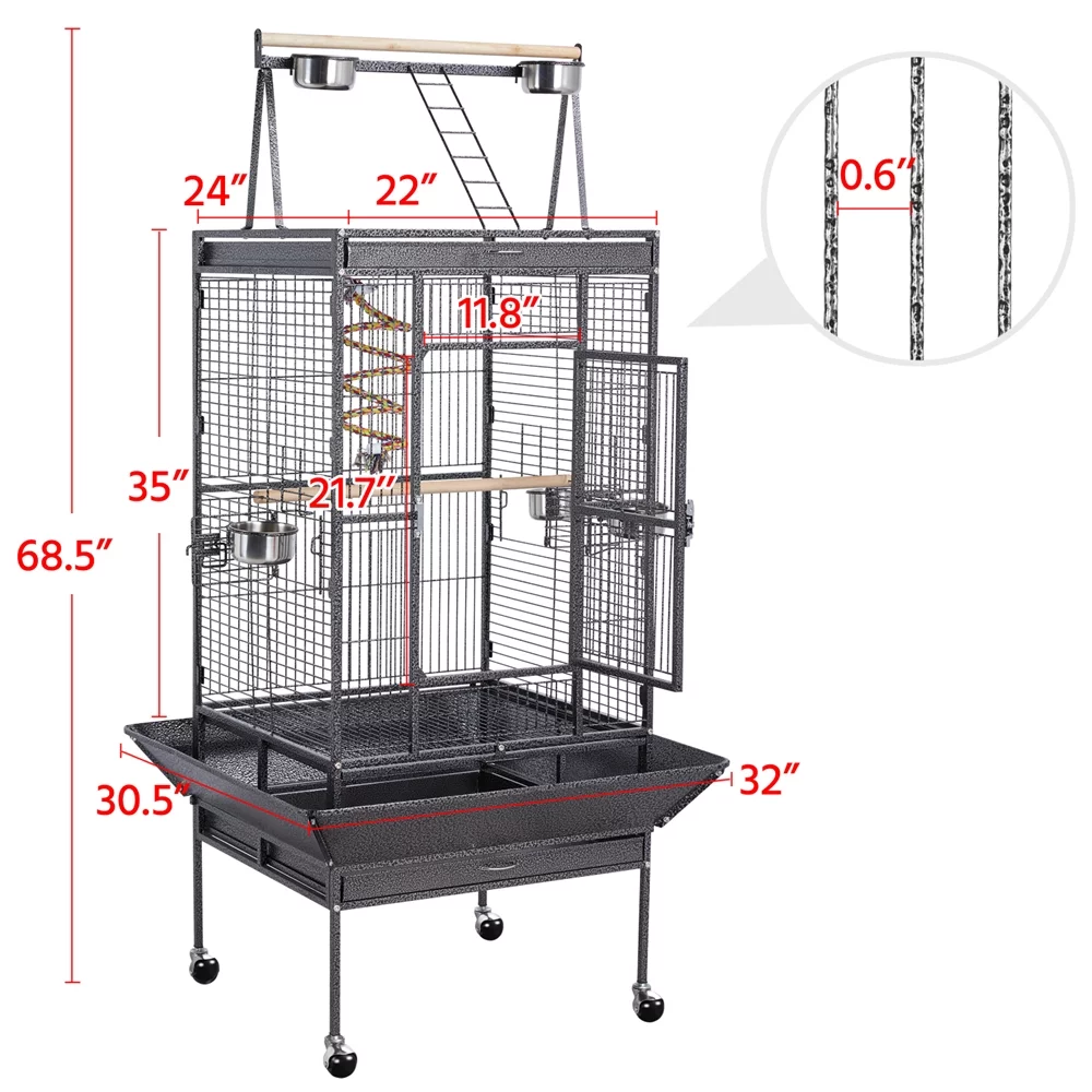 Topeakmart 68.5'' Play Top Parrot Cage Metal Rolling Birdcage, Black