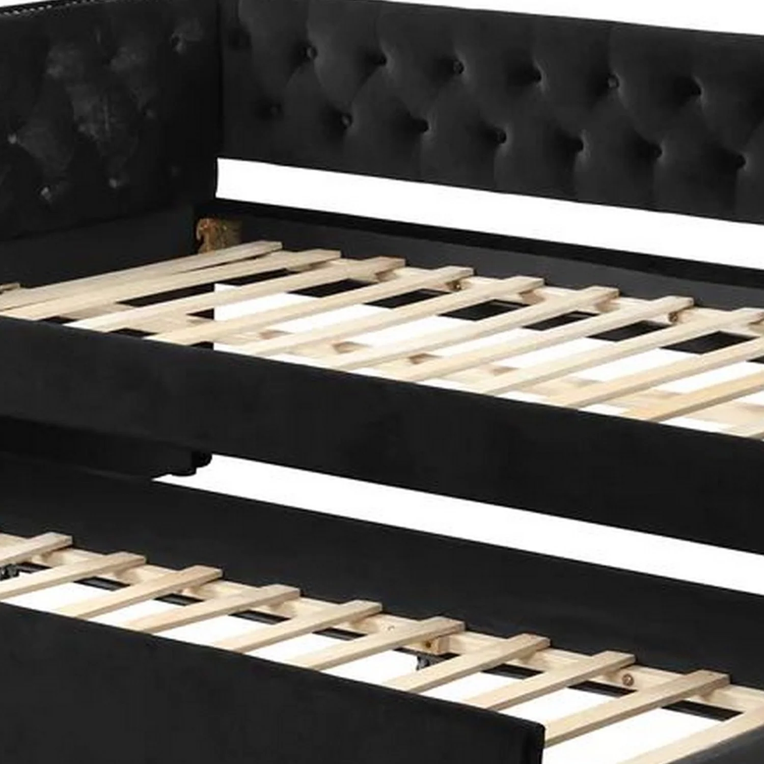 Benjara Trace Trundle Daybed, Black Fabric Upholstery, Chesterfield, Nailhead Trim