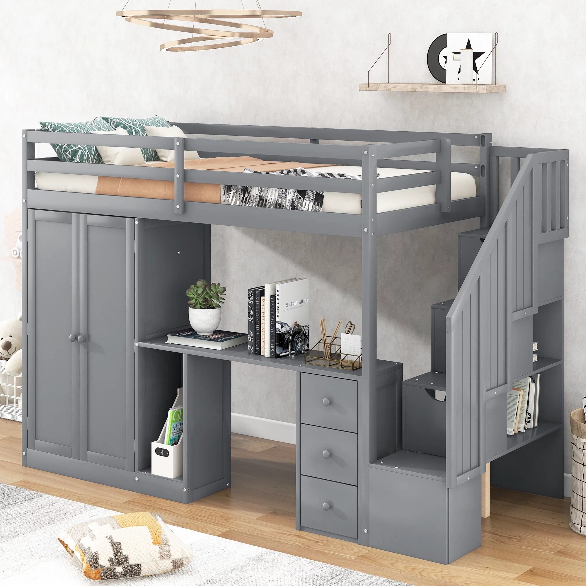 CoSoTower Twin Size Loft Bed With Wardrobe And Staircase, Desk And Storage Drawers And Cabinet In 1, Gray