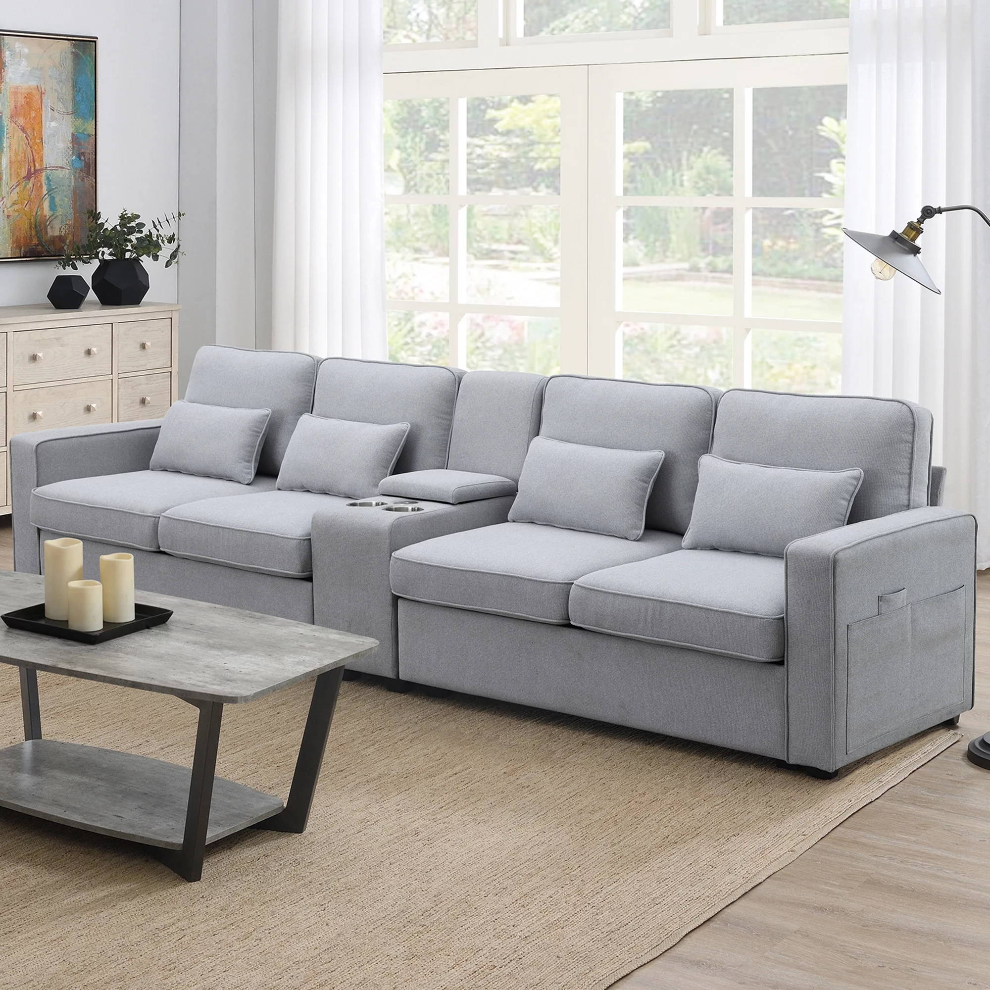 Modern 4 Seater Large Sofa with Console, Linen Fabric Upholstered Couch with USB Charging Ports Cup Holders for Living Room Office