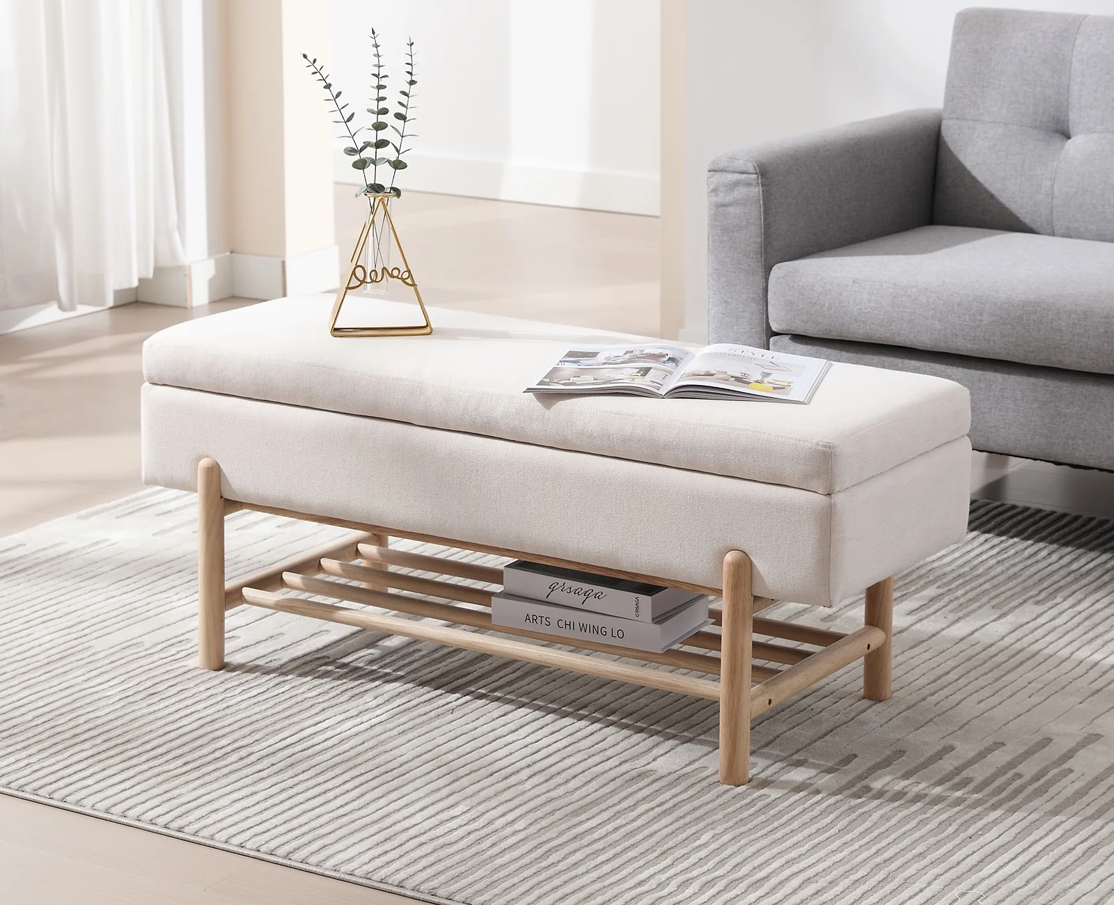 Dayalane Entryway Storage Bench, Linen Upholstered End of Bed Ottoman Bench with Wooden Shoe Rack, Modern Long Bench for Bedroom Living Room Hallway Foyer, Beige