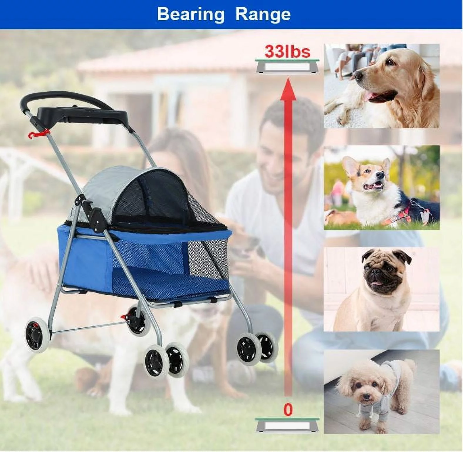 BestPet Blue Skin 4 Wheels Posh Pet Stroller with Cup Holder