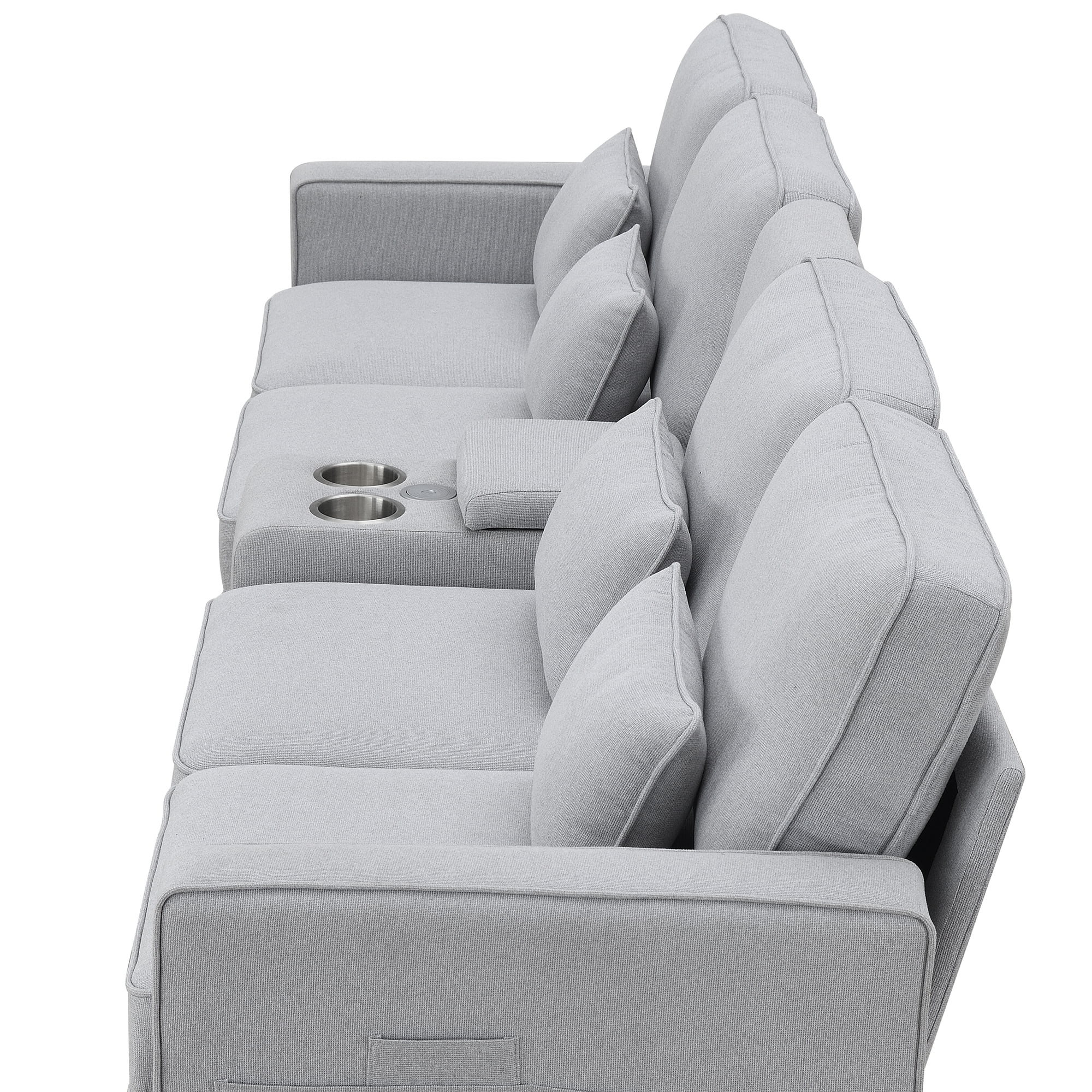 Modern 4 Seater Large Sofa with Console, Linen Fabric Upholstered Couch with USB Charging Ports Cup Holders for Living Room Office