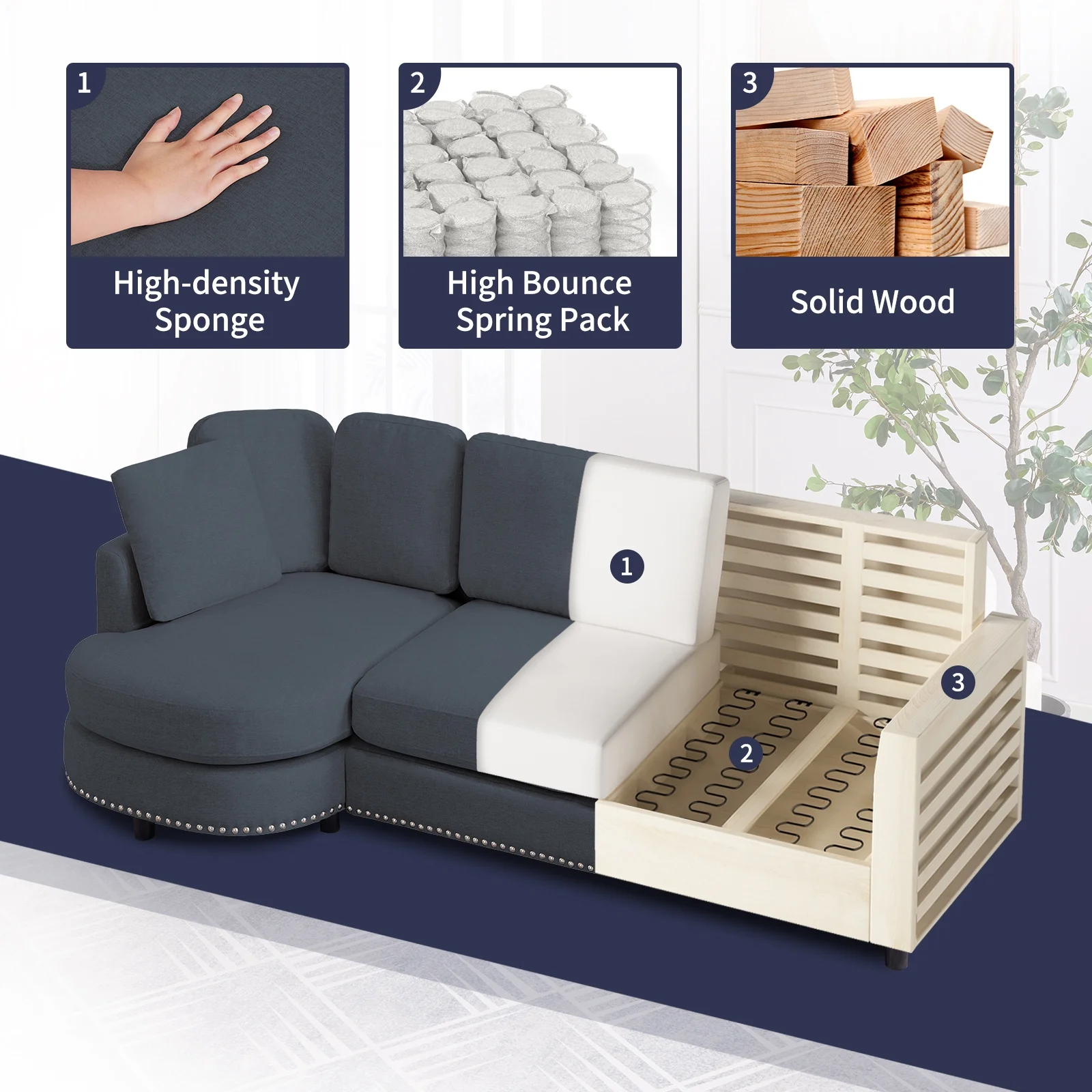 ZAFLY 3 Seater Sofa Couch, L Shaped Couch with Chaise, Curved Couches for Living Room - Dark Grey