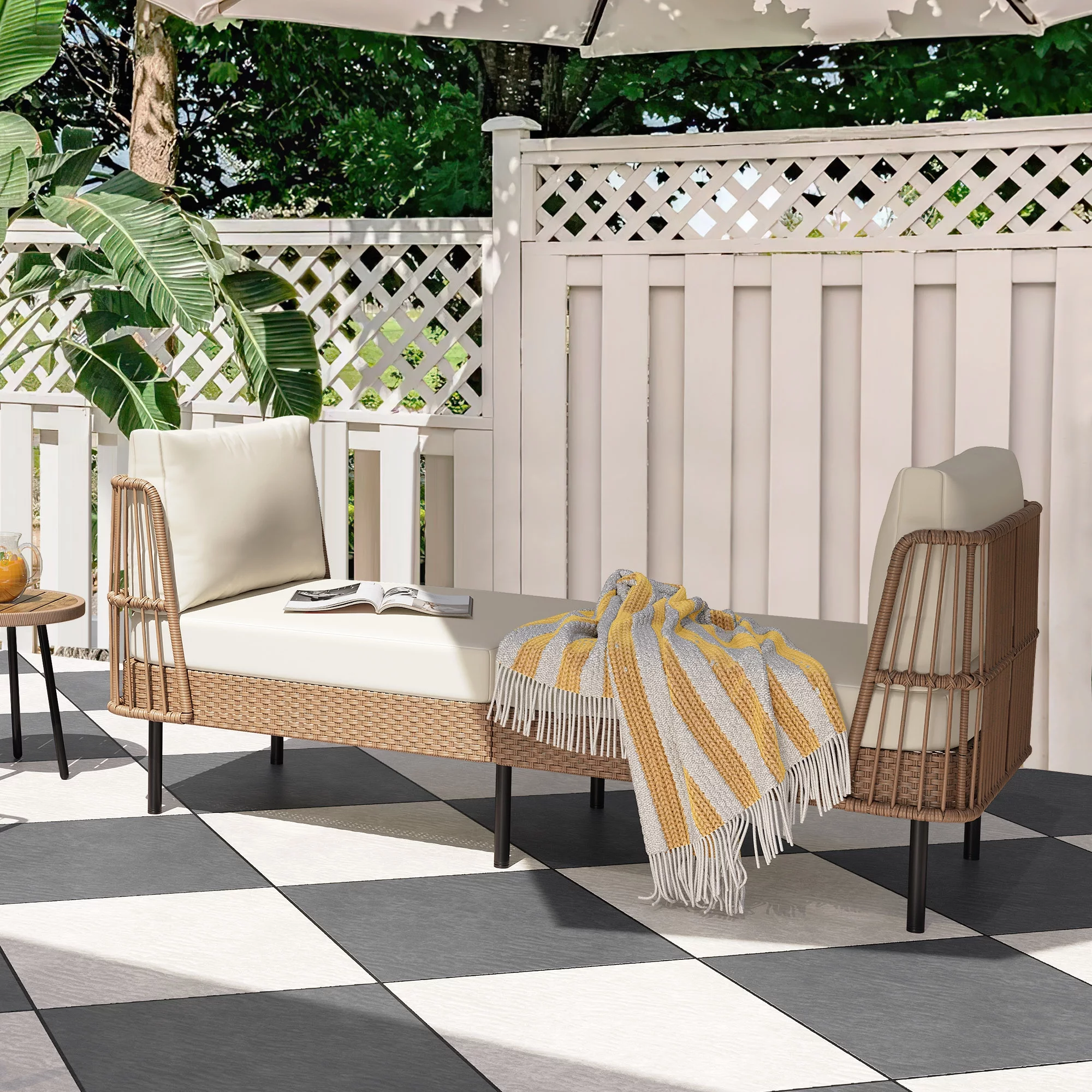 DWVO 74in Outdoor Daybed Wicker Patio Sofa Bed With Thickness Cushion Indoor Bed Lounger for Balcony Garden Deck Lawn - Beige