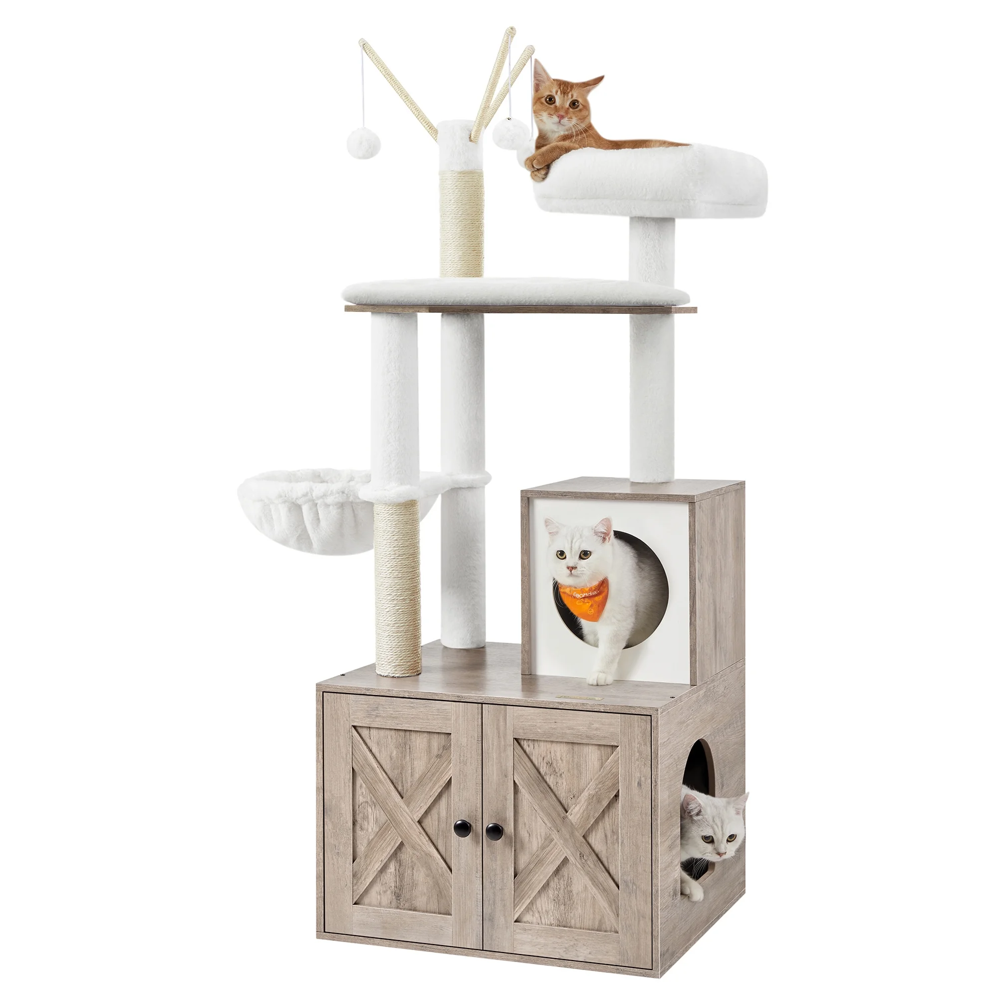 Feandrea WoodyWonders 2-in-1 Cat Tree with Litter Box Enclosure - Modern Cat Condo with Scratching Posts, Greige