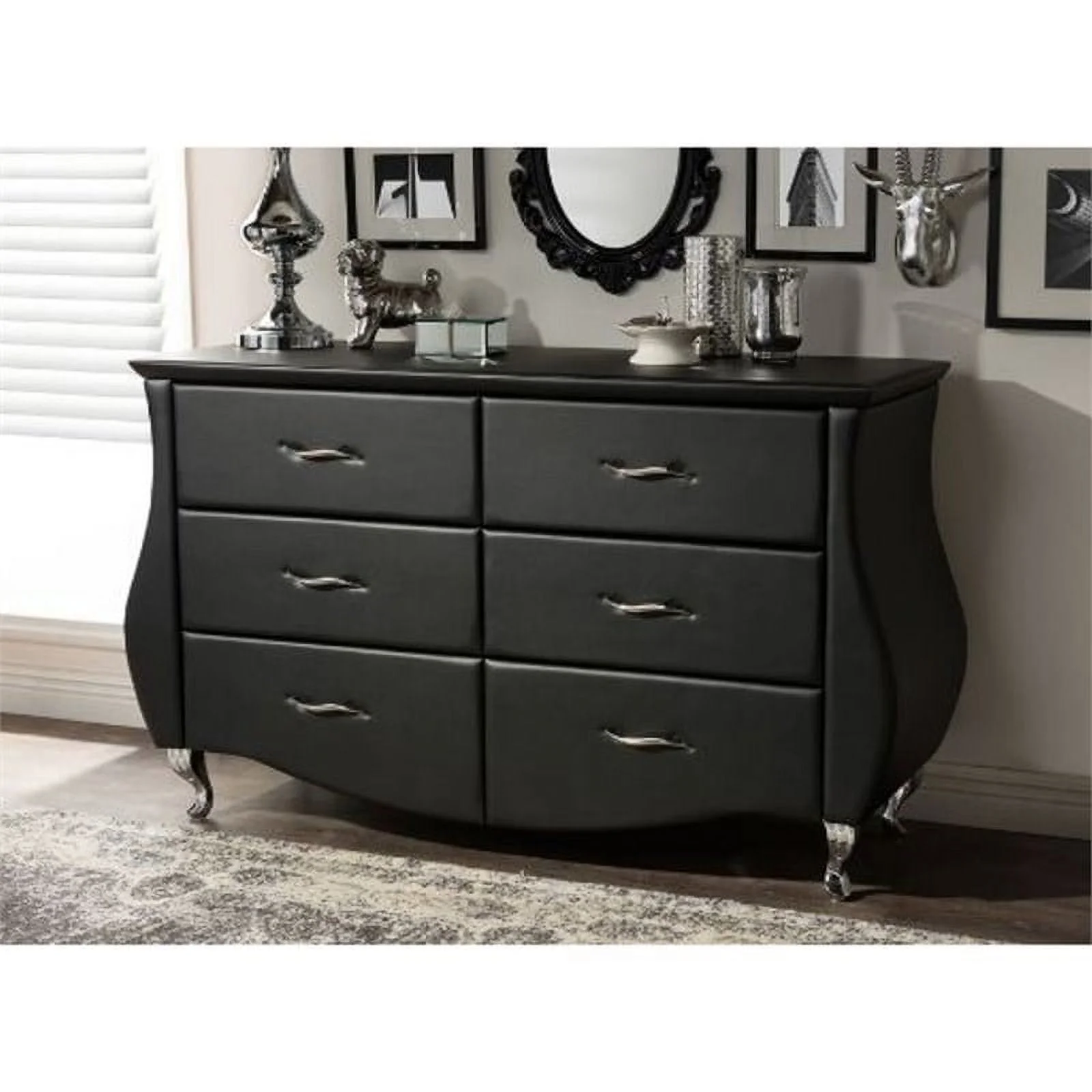 Bowery Hill 6 Drawer Faux Leather Double Dresser in Black