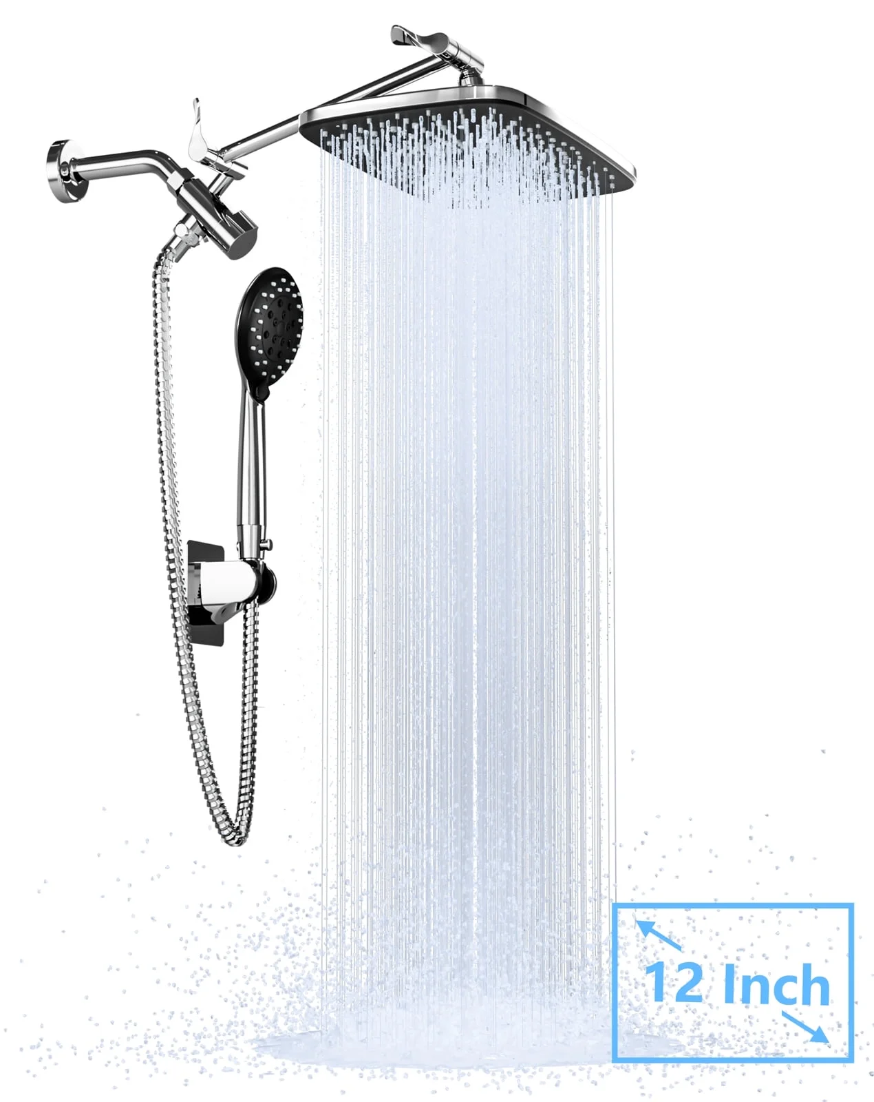 Ophanie 5-Setting High Pressure Shower Head, 12 inch Rain Shower Head with Handheld and Hose, Chrome