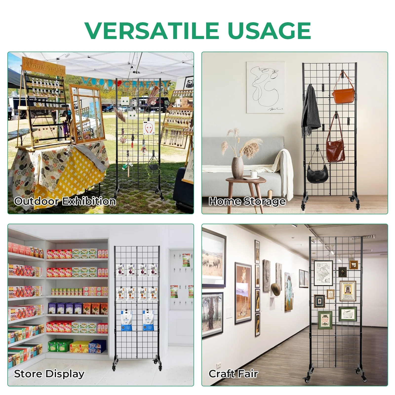 Gridwall Panel Display Stand with 360° Swivel Wheels, 65