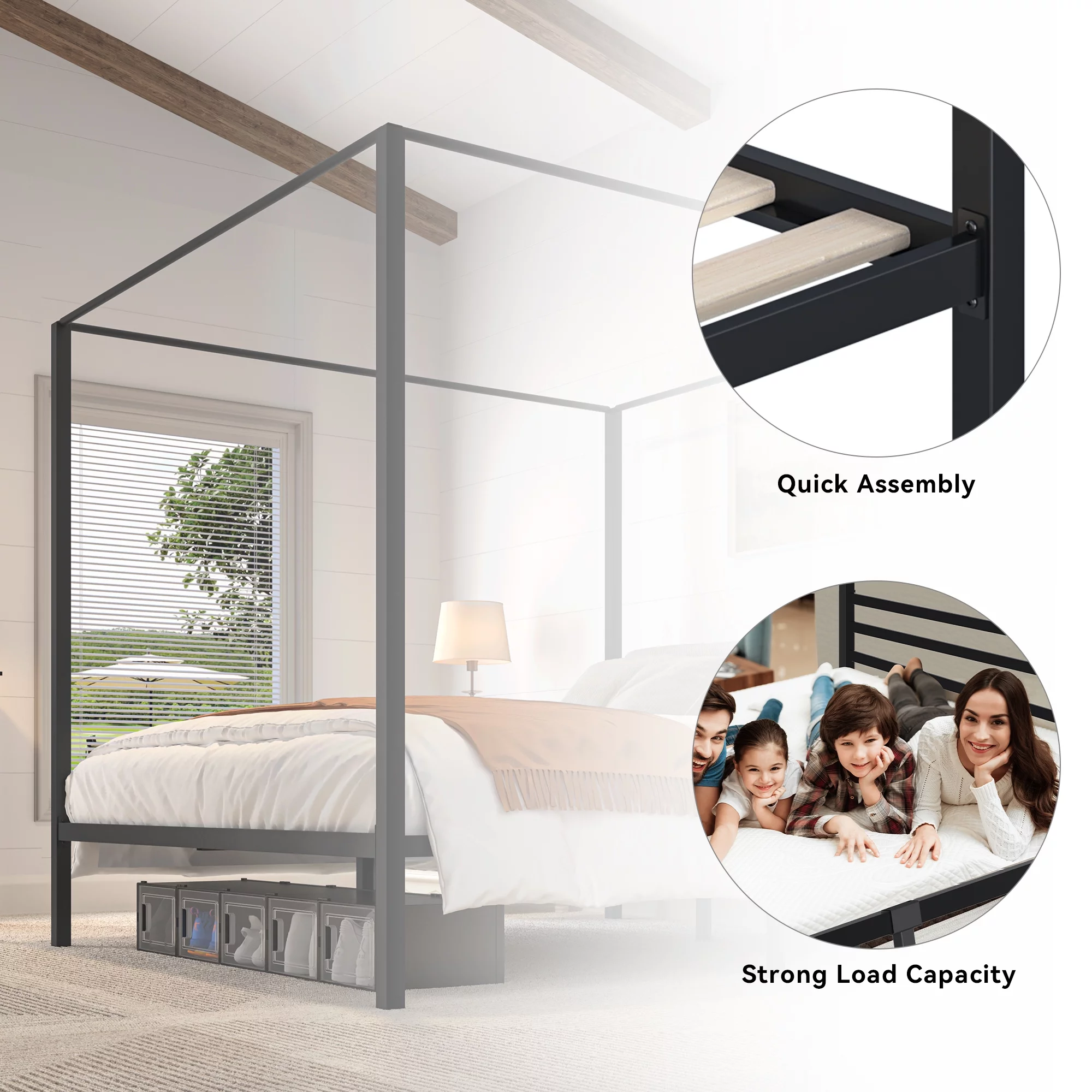 Dextrus King Size Black Canopy Bed Frame with Headboard, Mattress Foundation with Wooden Slats and Steel Structure, No Box Spring Needed