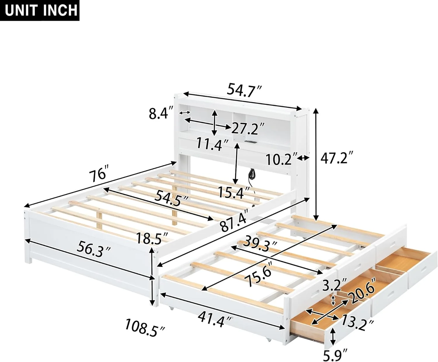 Full Size Platform Bed with Trundle, Wooden Platform Bed with Drawers and USB Plugs, Storage Platform Bed for Boys Girls Teens Adult, No Box Spring Needed