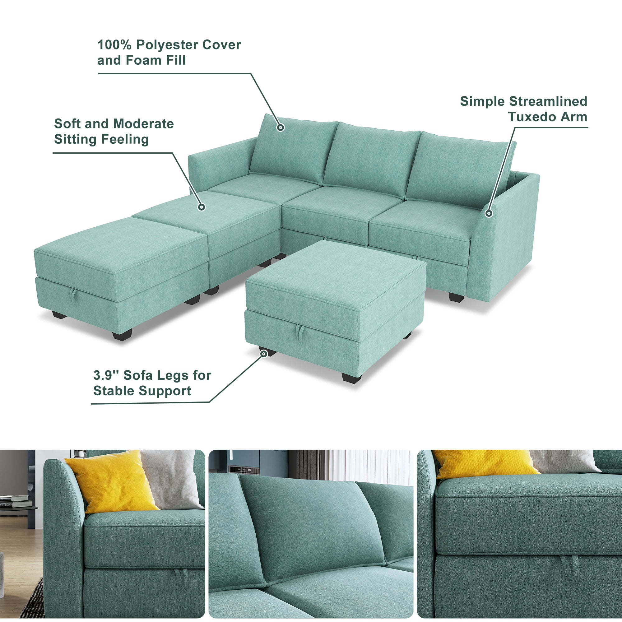 HONBAY Modern Convertible 6 Pieces Fabric Sleeper Sectional Couch Sofa Bed with Storage Ottomans, Aqua Blue