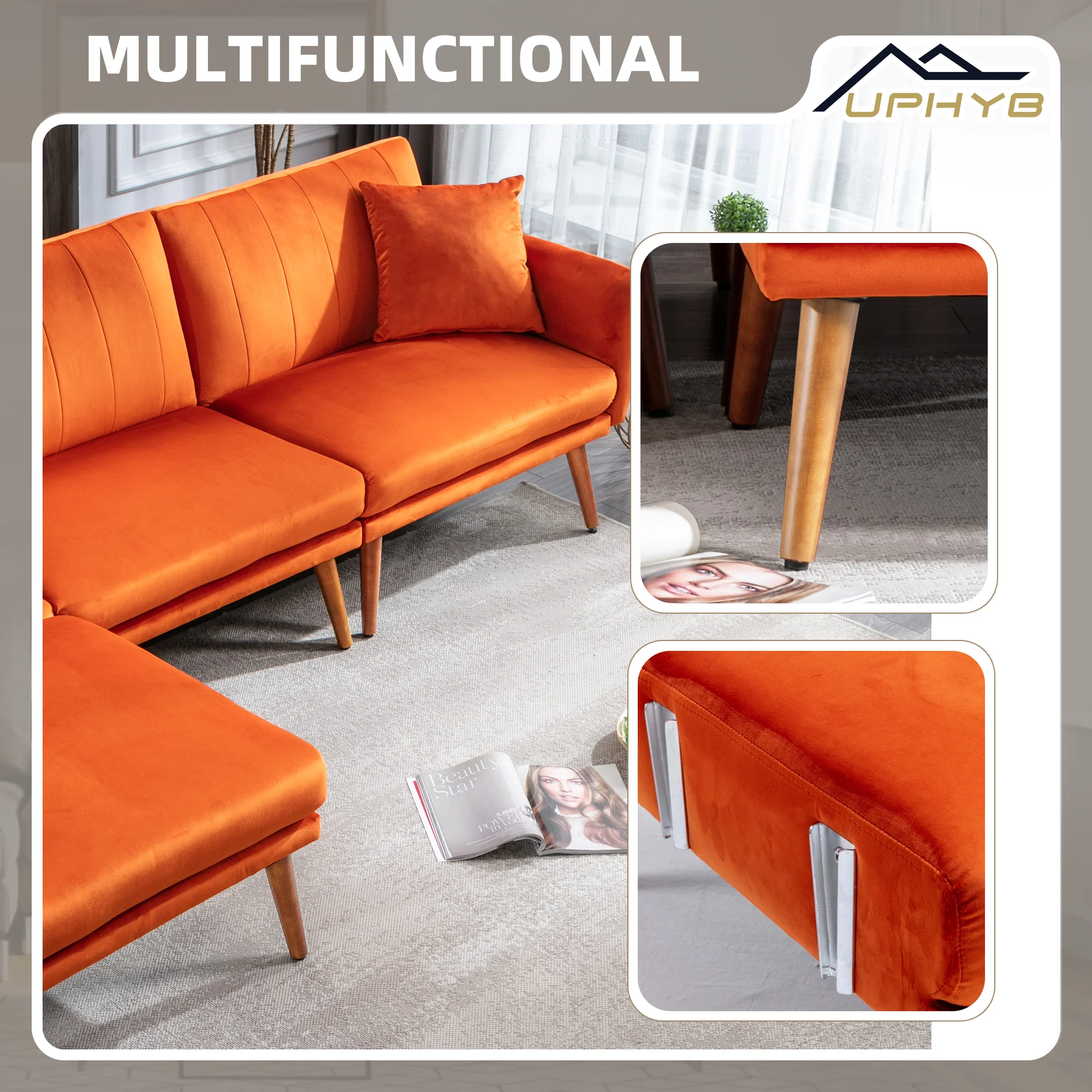 JOMEED L-Shaped Velvet Sectional Sofa Couch, Modern Convertible Sleeper Sofa Bed with Adjustable Backrest, 2 Pillows and Ottoman, Modular Sofa Couch for Living Room and Apartment