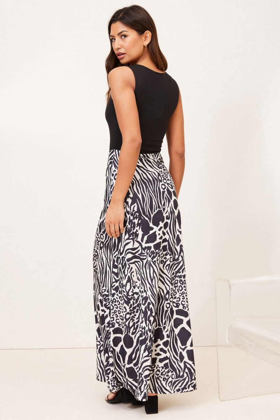 Clearance Lipsy Mono Animal Regular 2 In 1 Jersey Maxi Dress Mono Animal