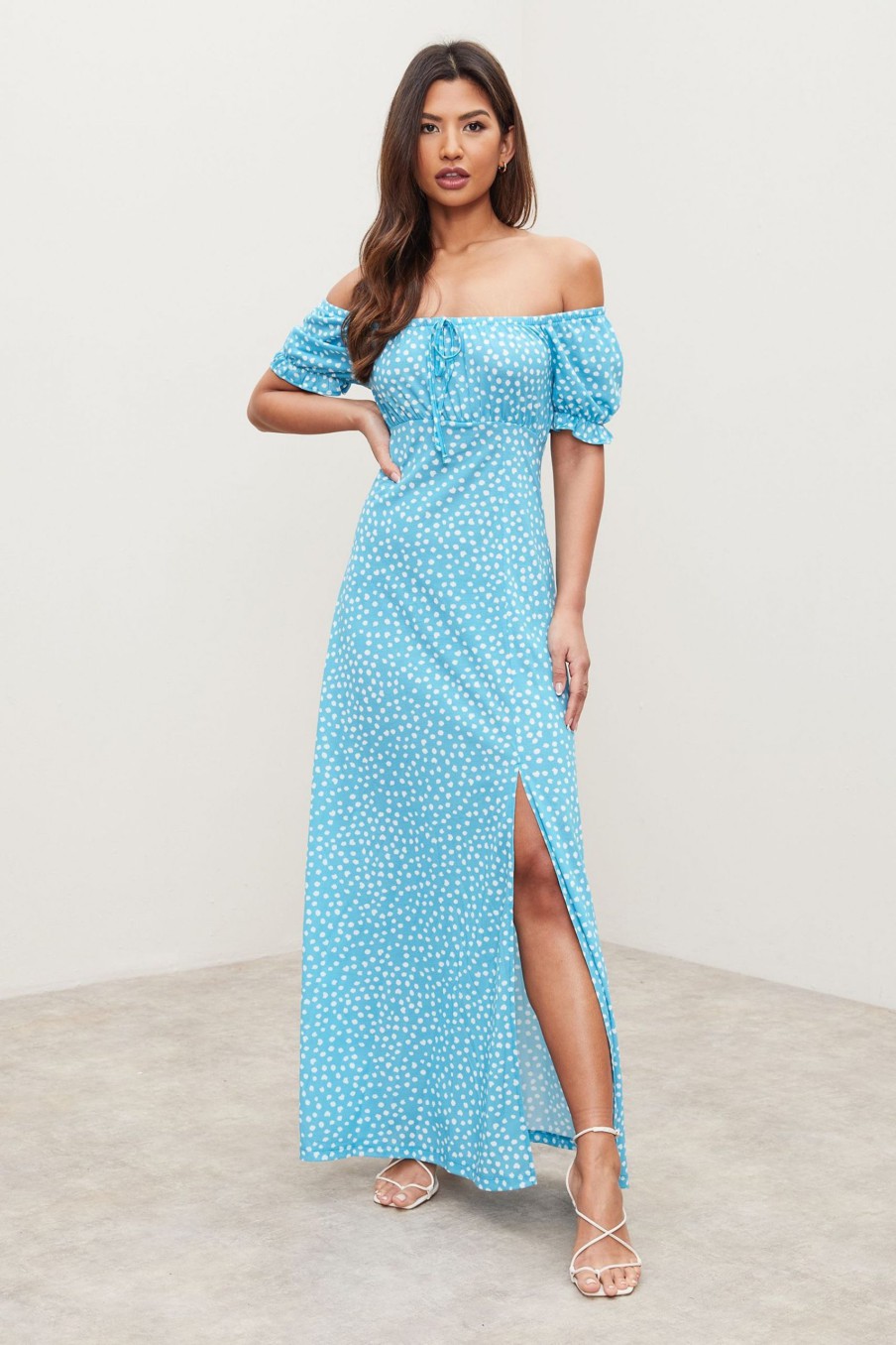Sale Lipsy Aqua Spot Regular Jersey Milkmaid Maxi Dress Aqua Spot