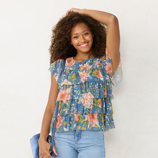 Discount Women’s LC Lauren Conrad Tiered Ruffle Top Jersey Pink Rendez Blue