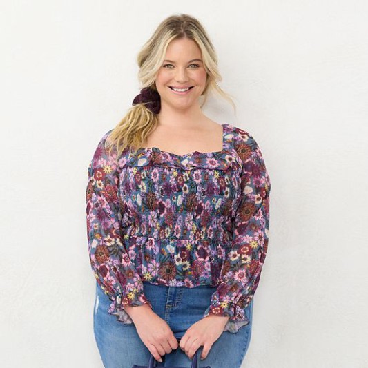 Discount Plus Size LC Lauren Conrad Long Sleeve Smocking Top Blooms Botanical Jersey Pink