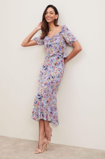 Discount Lipsy Lilac Ditsy Jersey Midi Skirt UK 6