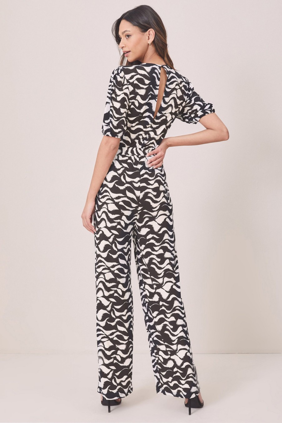Outlet Lipsy Monochrome Puff Sleeve Tie Waist Jersey Jumpsuit UK 6
