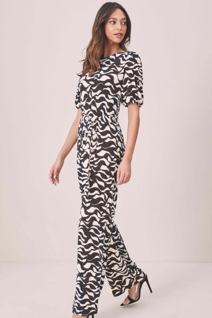 Outlet Lipsy Monochrome Puff Sleeve Tie Waist Jersey Jumpsuit UK 6