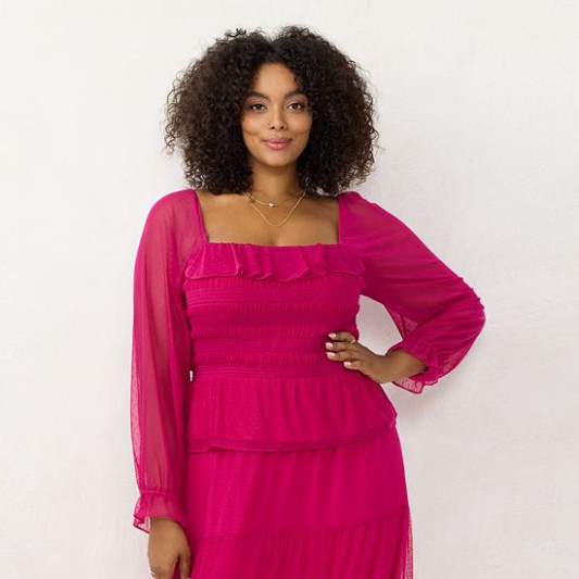 Discount Plus Size LC Lauren Conrad Long Sleeve Smocking Top Blooms Botanical Jersey Pink