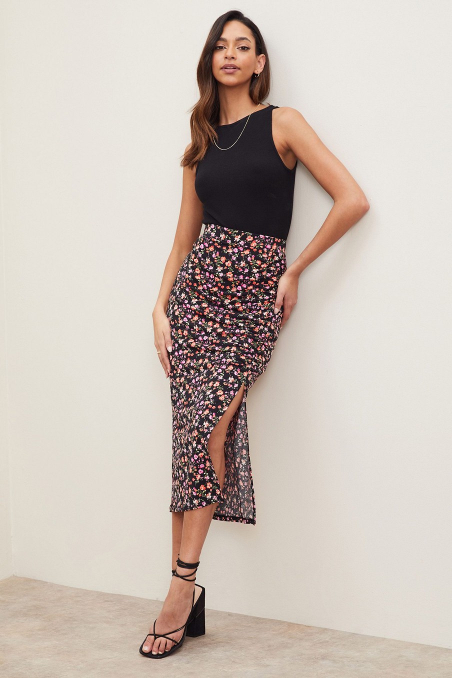 Cheap Lipsy Black Ditsy Regular Ruched Front Jersey Midi Skirt Black Ditsy