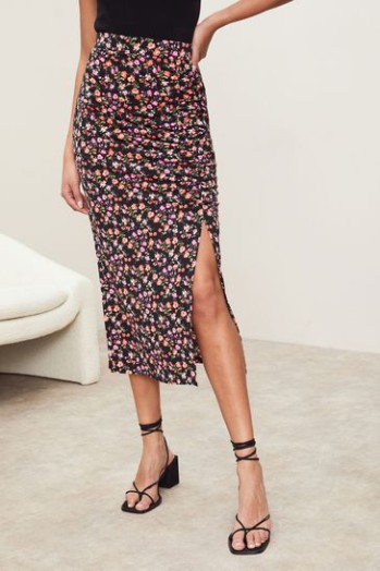 Cheap Lipsy Black Ditsy Regular Ruched Front Jersey Midi Skirt Black Ditsy