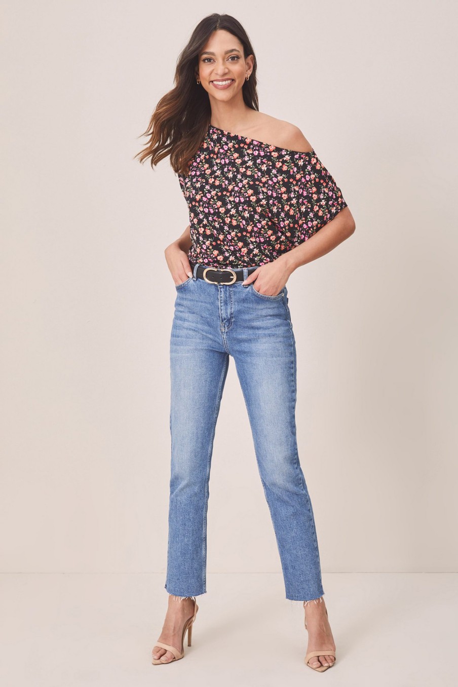 Cheap Lipsy Black Ditsy Short Sleeve Jersey Slash Neck Top UK 6